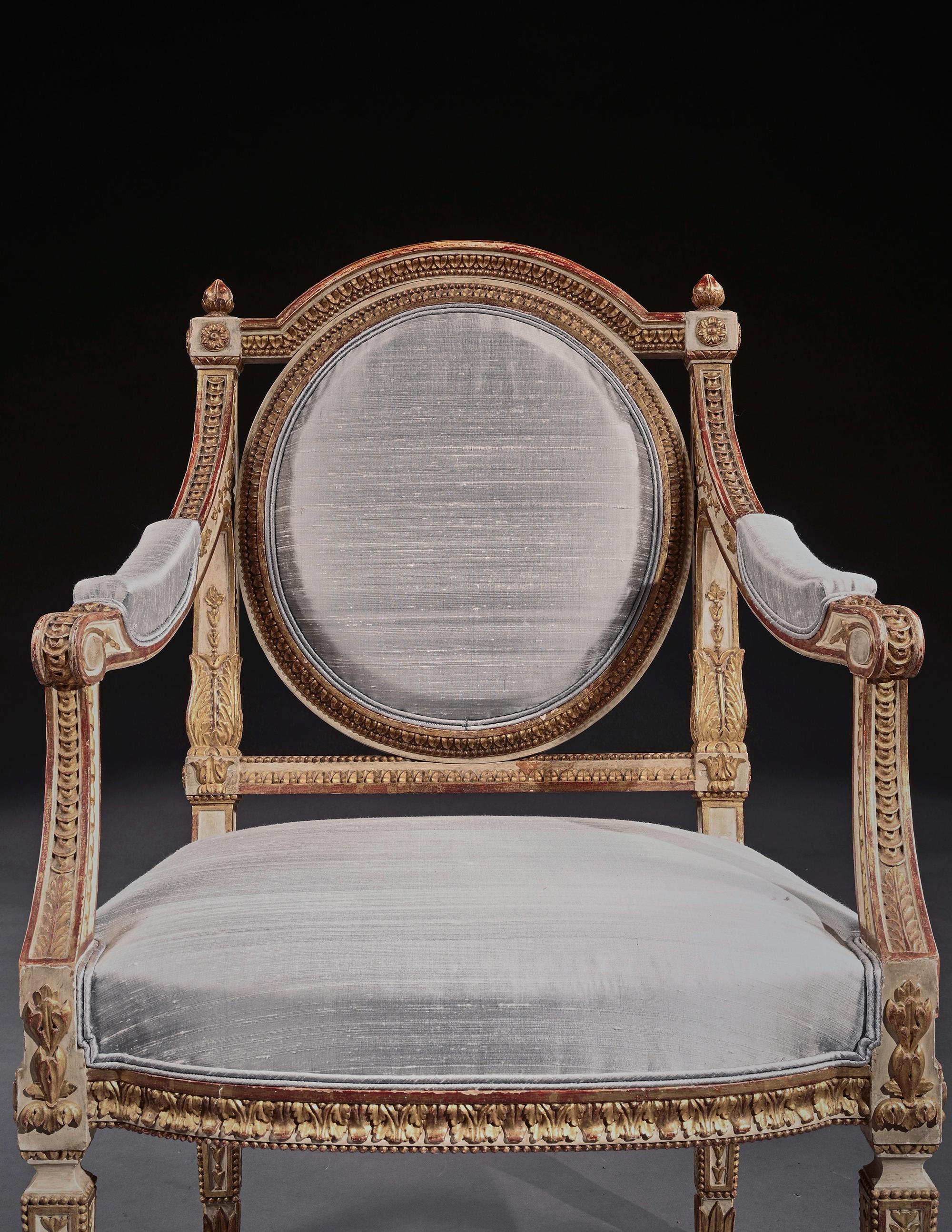 Fine Pair of 19th C Decorative Italian Painted and Parcel Gilt Armchairs of Neo- For Sale 2