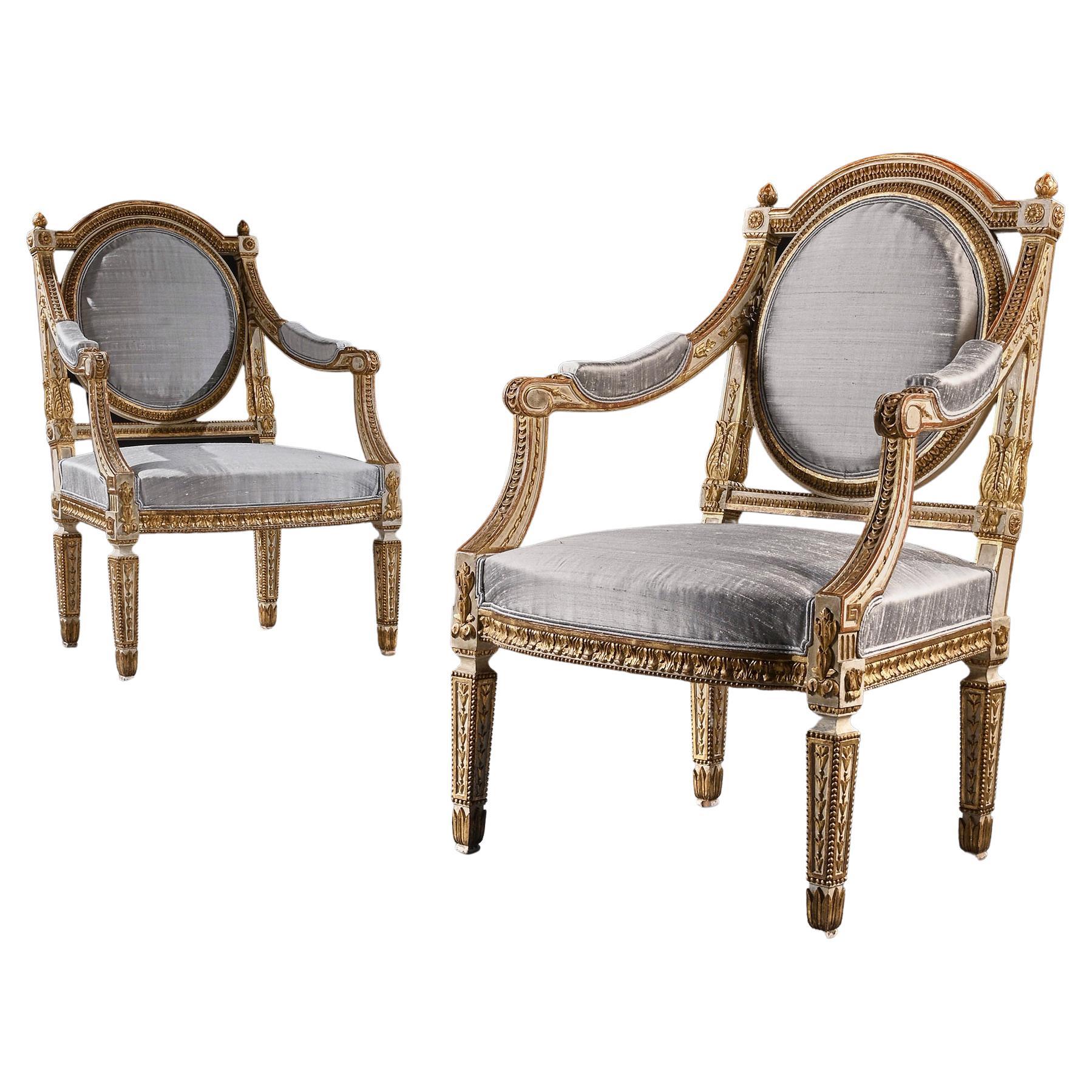 Fine Pair of 19th C Decorative Italian Painted and Parcel Gilt Armchairs of Neo-