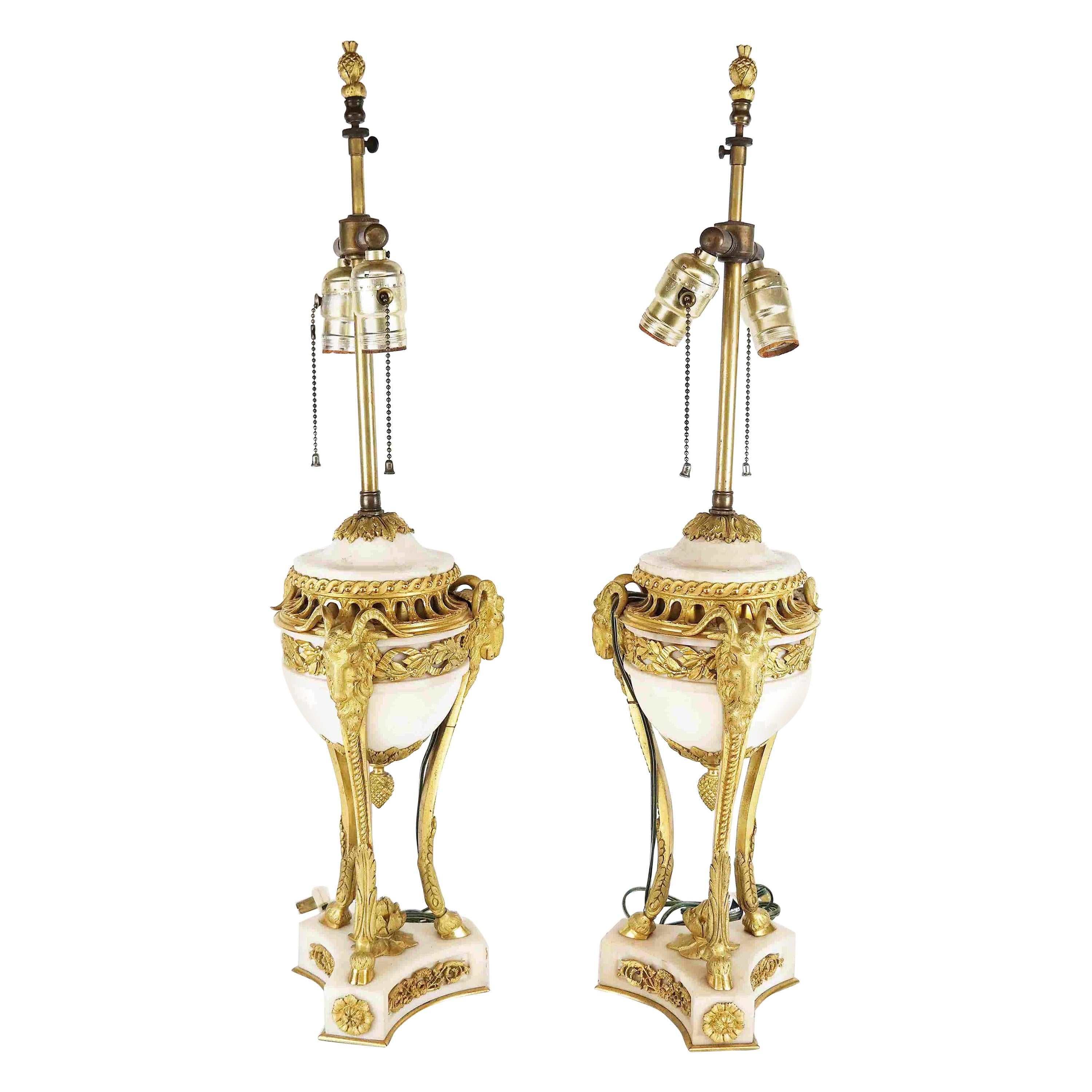 Fine Pair of 19th C French Louis XVI Carrera Marble and Gilt Bronze Lamps