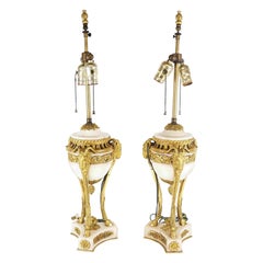 Fine Pair of 19th C French Louis XVI Carrera Marble and Gilt Bronze Lamps