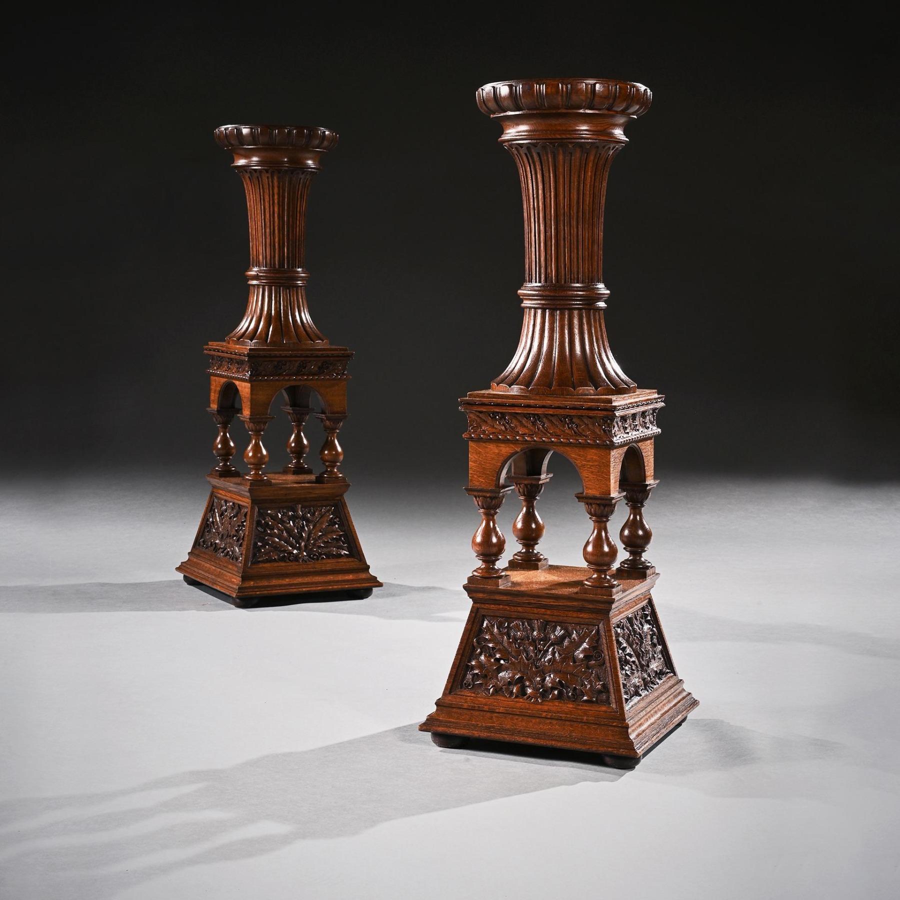 Fine Pair of 19th Century Arts & Crafts Oak Torcheres Pedestals, Robert Lorimer For Sale 4