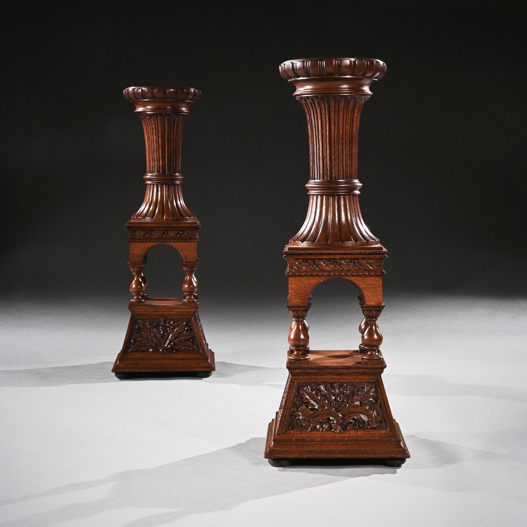 Fine Pair of 19th Century Arts & Crafts Oak Torcheres Pedestals, Robert Lorimer For Sale 5