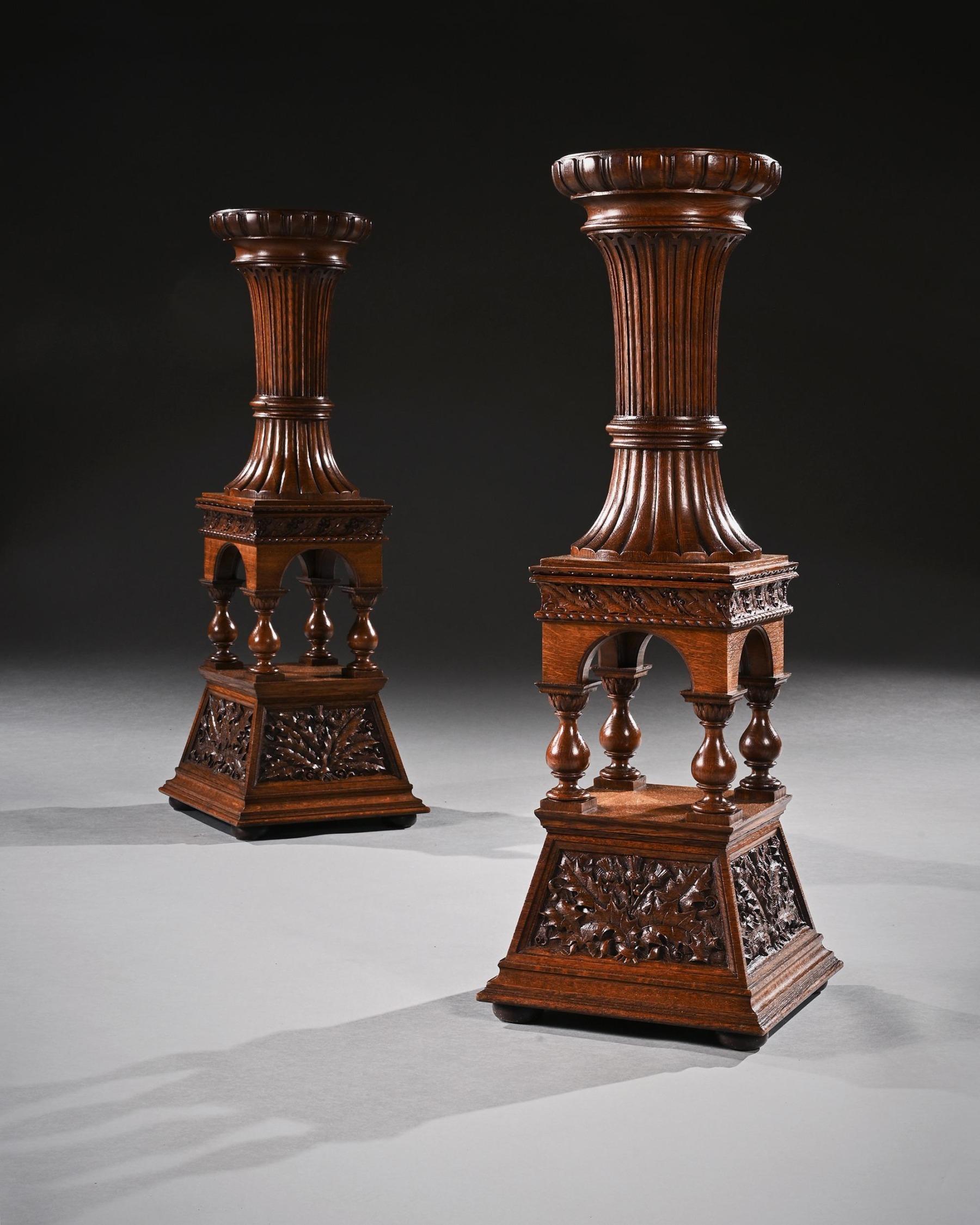 Arts and Crafts Fine Pair of 19th Century Arts & Crafts Oak Torcheres Pedestals, Robert Lorimer For Sale