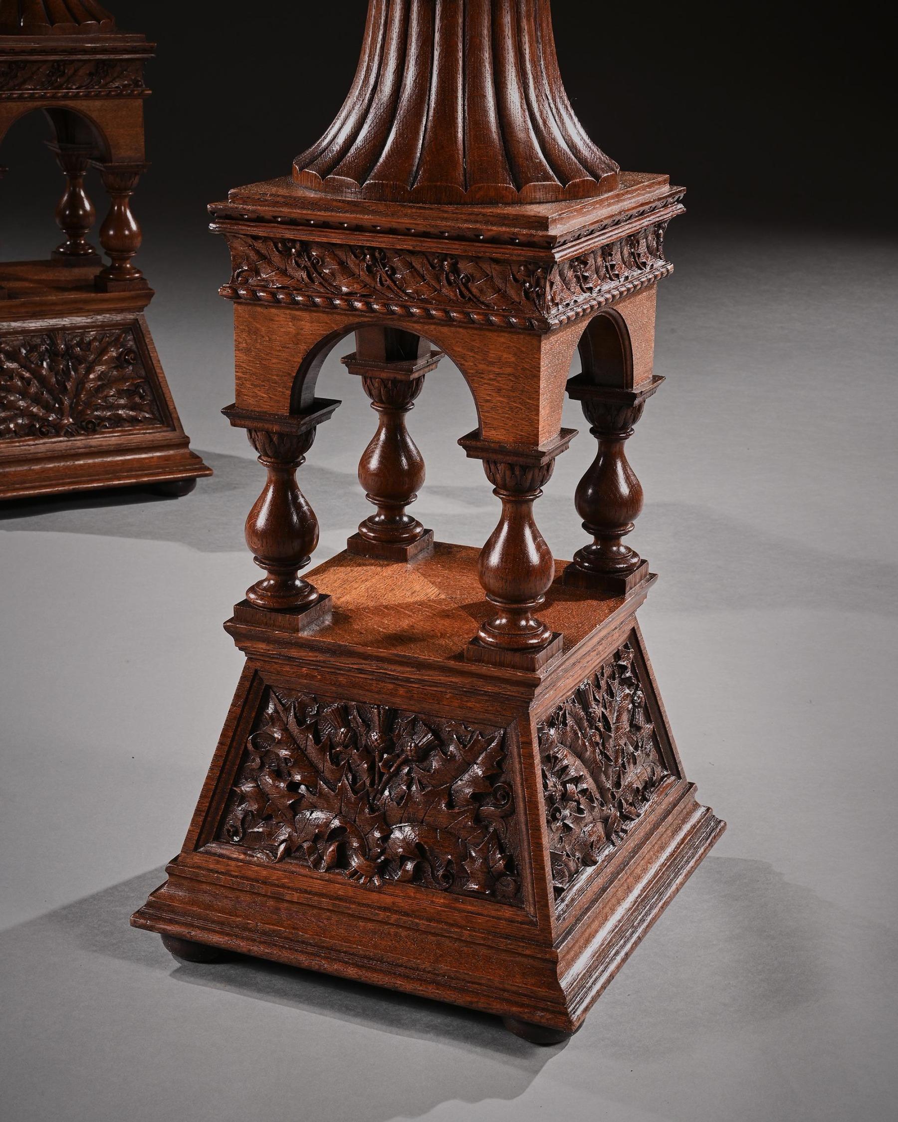 Fine Pair of 19th Century Arts & Crafts Oak Torcheres Pedestals, Robert Lorimer For Sale 1