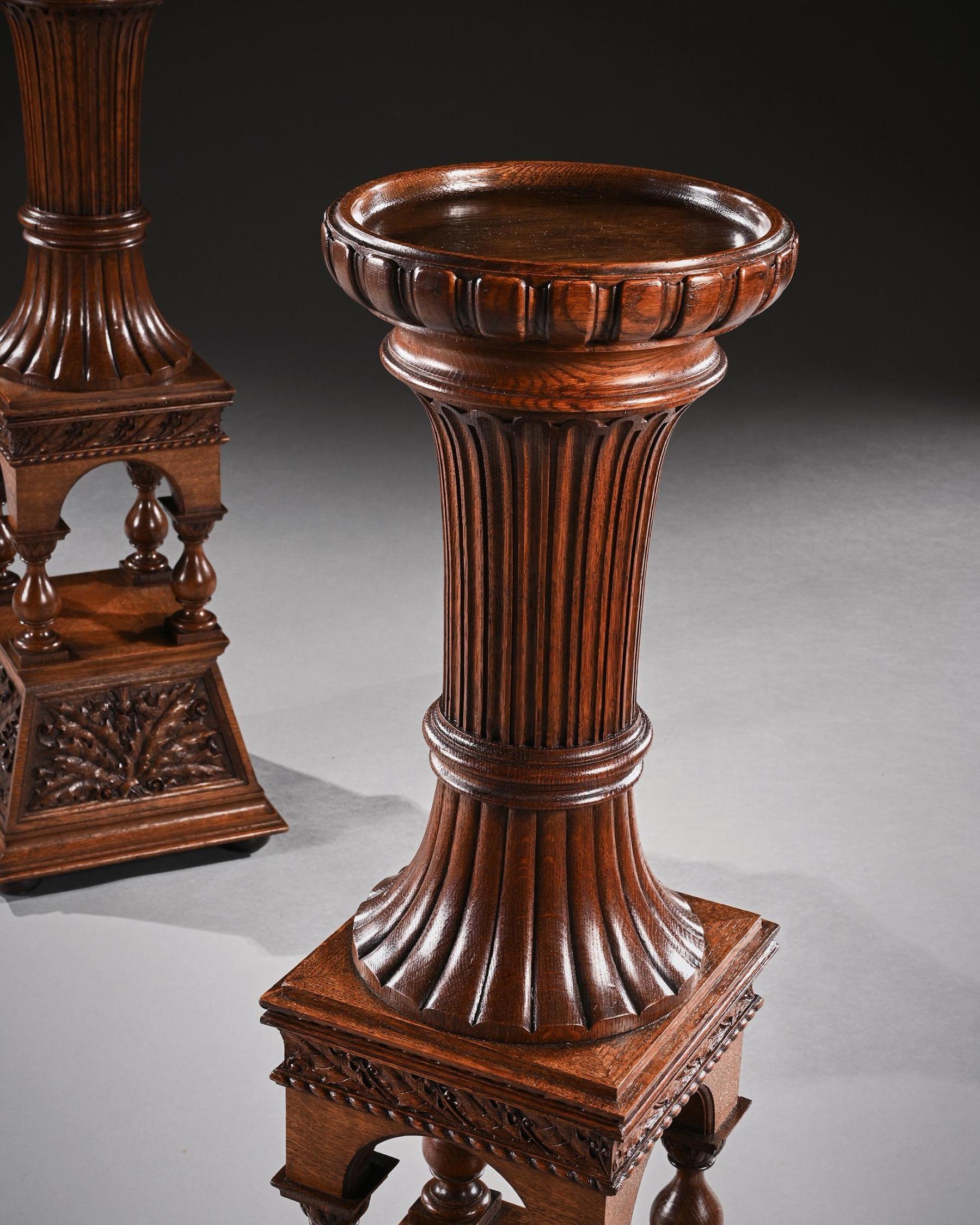Fine Pair of 19th Century Arts & Crafts Oak Torcheres Pedestals, Robert Lorimer For Sale 2