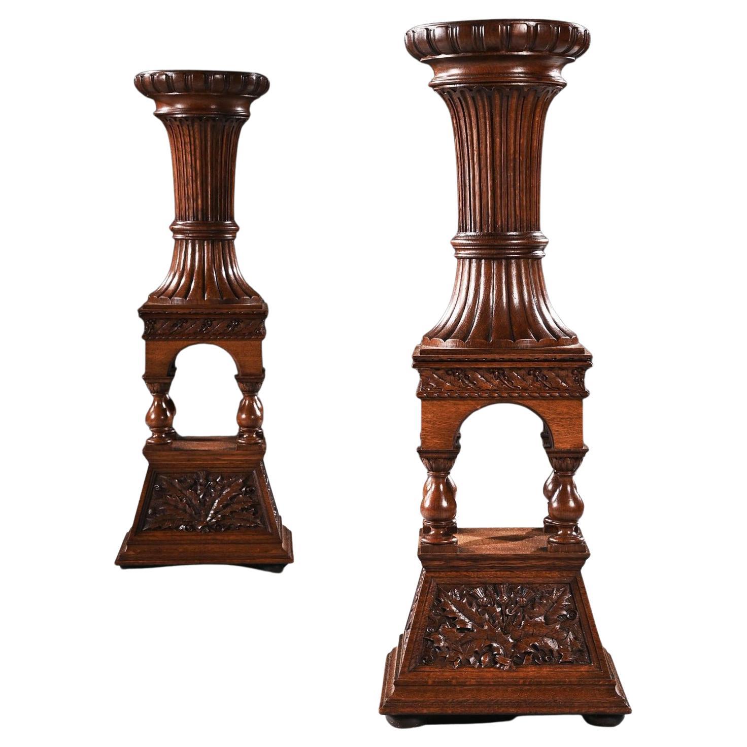 Fine Pair of 19th Century Arts & Crafts Oak Torcheres Pedestals, Robert Lorimer For Sale