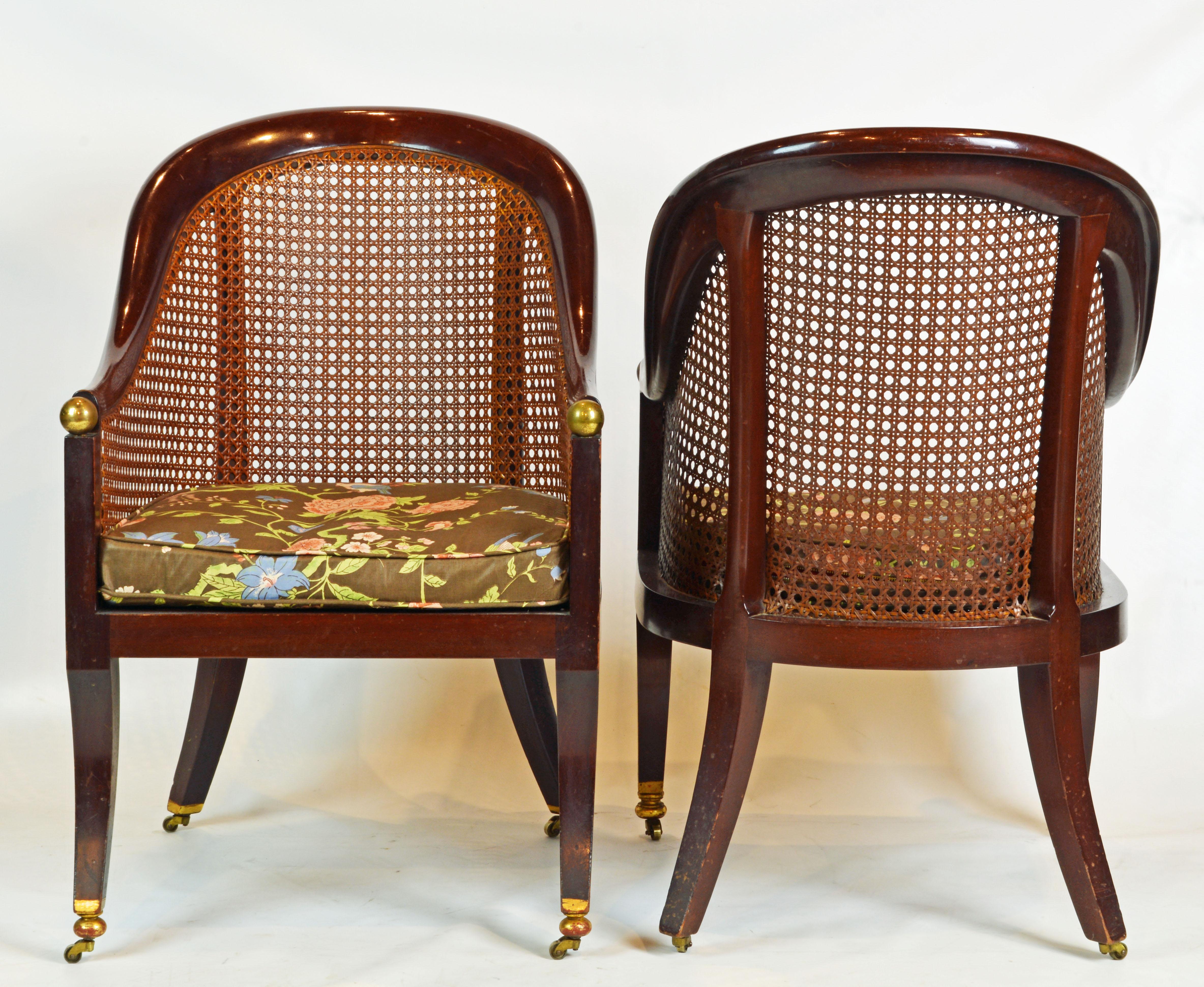 English Fine Pair of 19th Century British Colonial Mahogany Barrel Back Cane Chairs