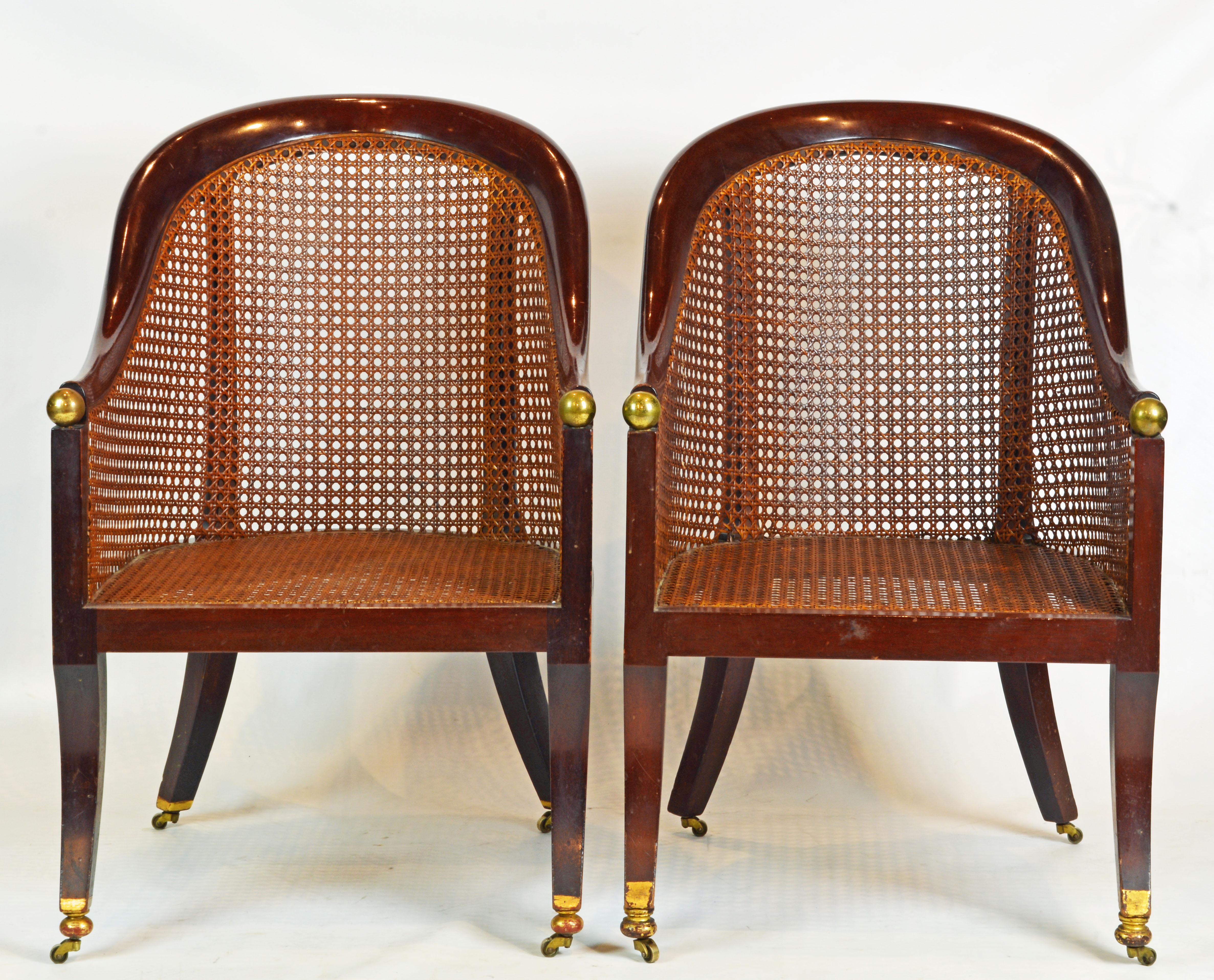 Fine Pair of 19th Century British Colonial Mahogany Barrel Back Cane Chairs In Good Condition In Ft. Lauderdale, FL