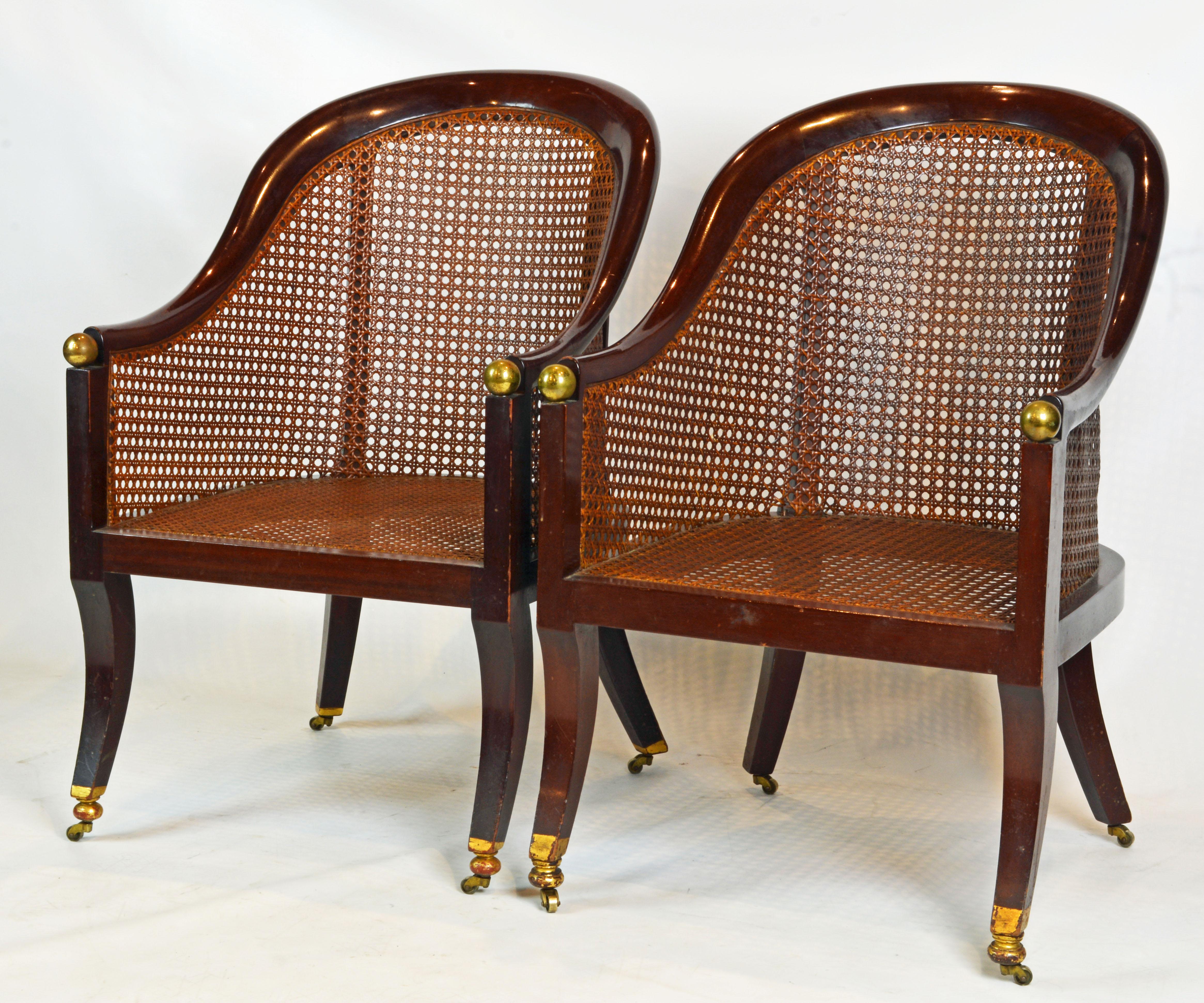 Brass Fine Pair of 19th Century British Colonial Mahogany Barrel Back Cane Chairs