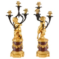 Antique Fine Pair of 19th Century Cherub Candelabra on Porphyry Bases