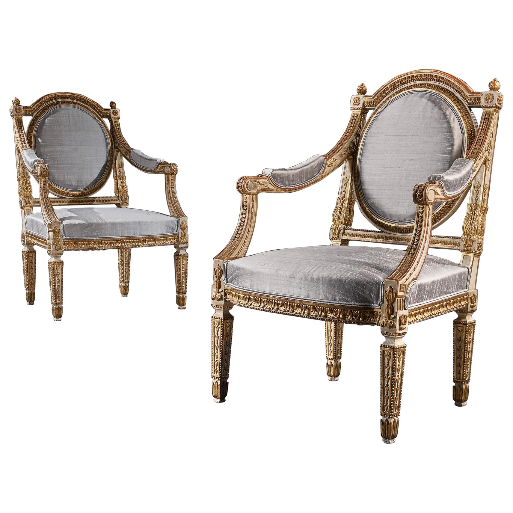 Fine Pair of 19th Century Decorative Italian Painted and Parcel Gilt Armchairs