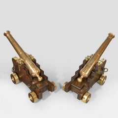 Fine Pair of 19th Century English Barrel Bronze Cannon on Oak Carriages