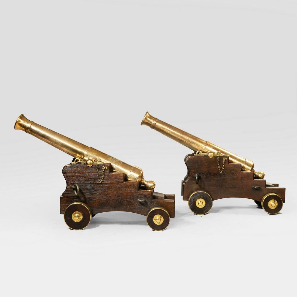 Mid-19th Century Fine Pair of 19th Century English Barrel Bronze Cannon on Oak Carriages For Sale