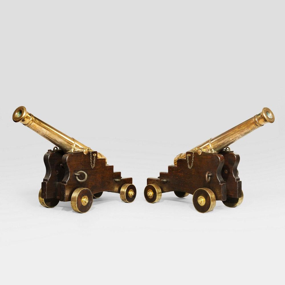 Fine Pair of 19th Century English Barrel Bronze Cannon on Oak Carriages For Sale 1
