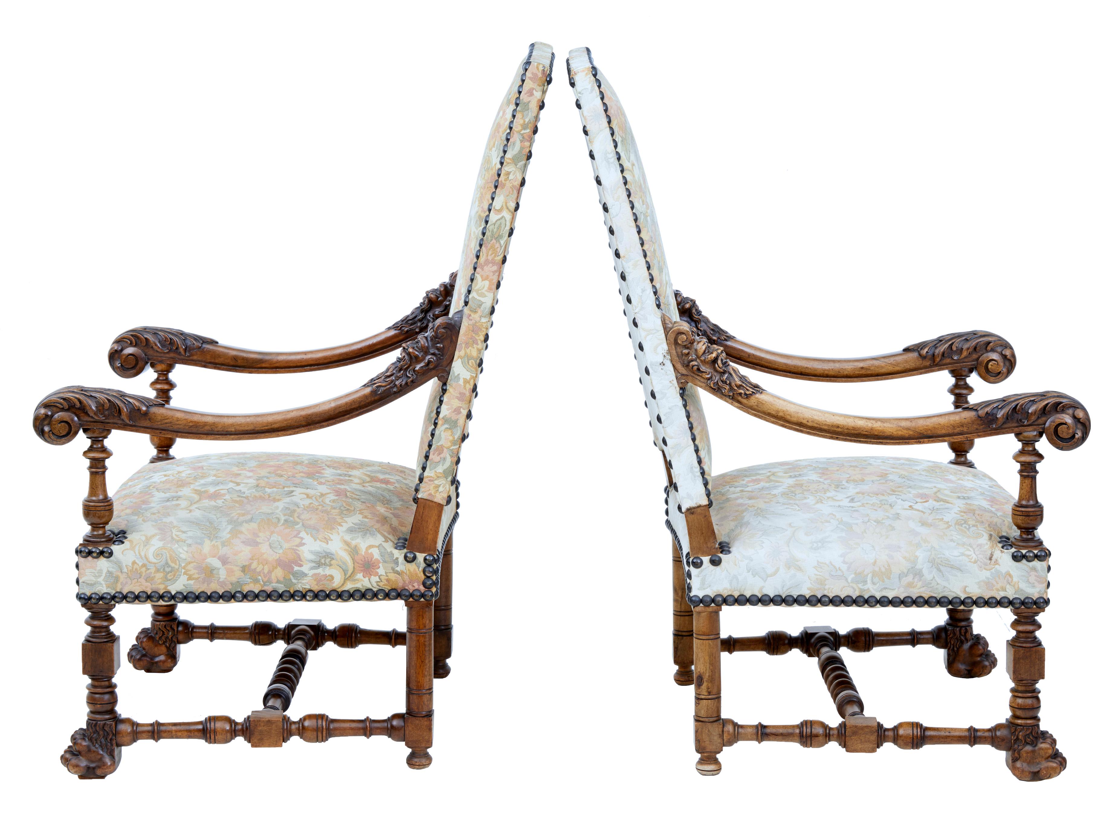 Fine Pair of 19th Century French Carved Walnut Armchairs 1