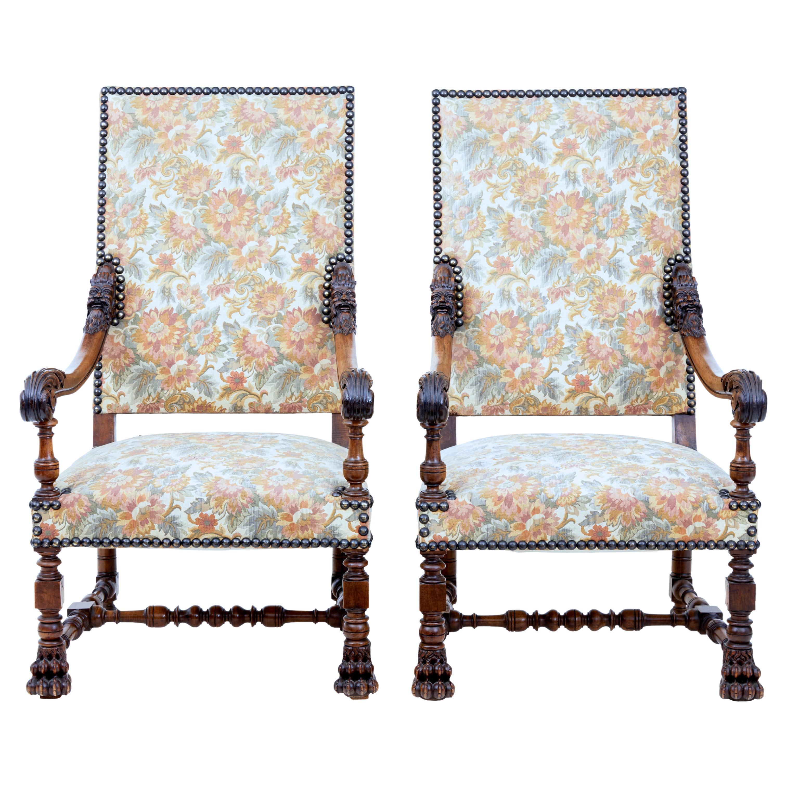 Fine Pair of 19th Century French Carved Walnut Armchairs