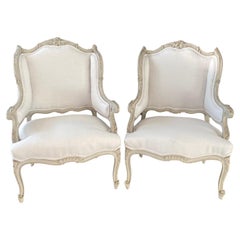 Antique Fine Pair of 19th Century French Louis XV Carved Armchairs Wingchairs 