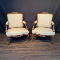 Fine Pair of 19th Century French Louis XV Carved Walnut Armchairs