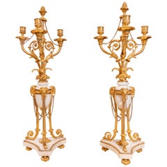 Fine Pair of 19th Century French Louis XVI Gilt Bronze and Marble Candelabras