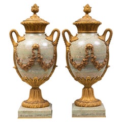 Fine Pair of 19th Century French Louis XVI Marble and Gilt Bronze Lidded Urns