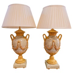 Fine Pair of 19th Century French Louis XVI Marble and Gilt Bronze Urn Lamps