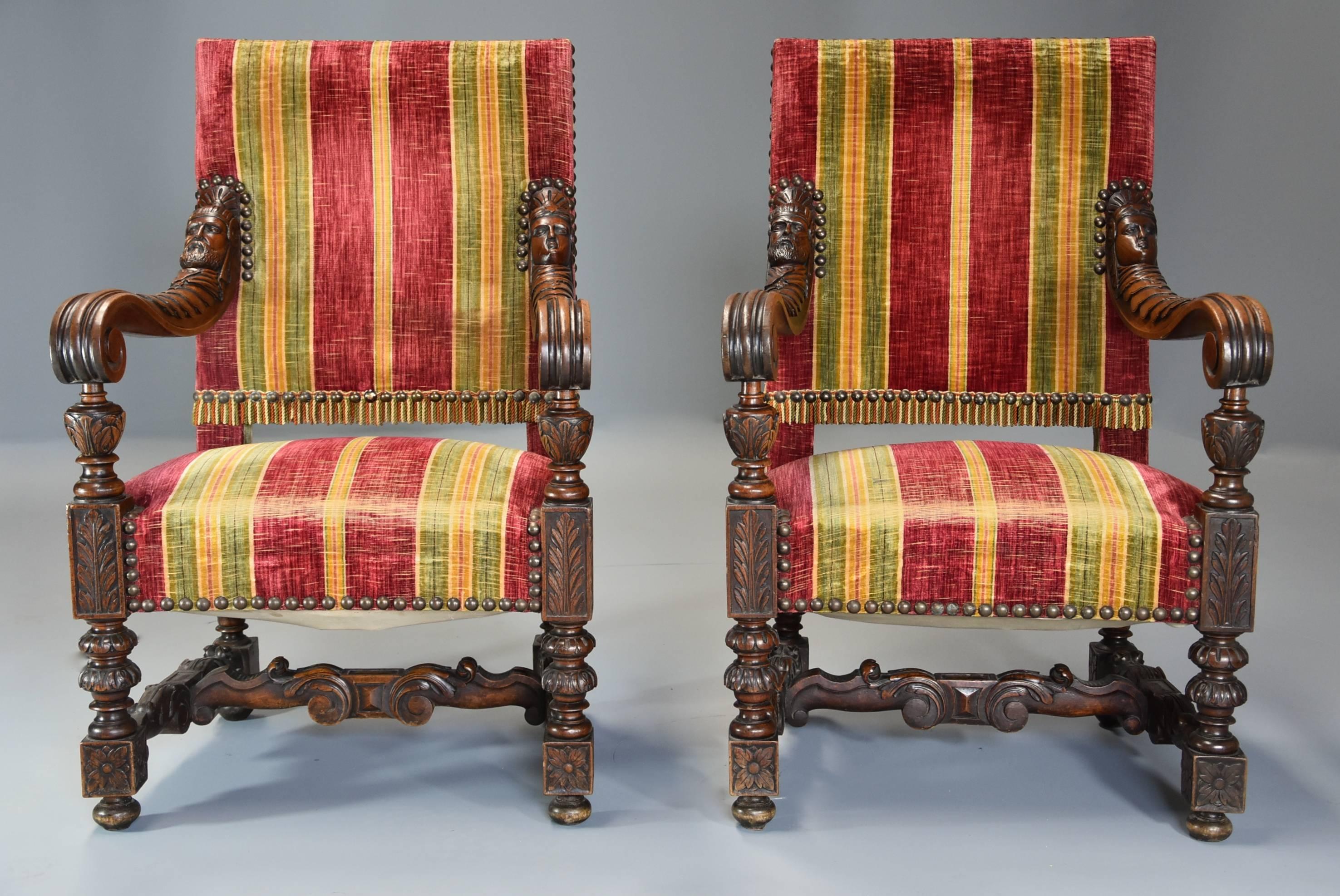 Fine Pair of 19th Century French Walnut Open Armchairs in the Baroque Style In Good Condition For Sale In Suffolk, GB