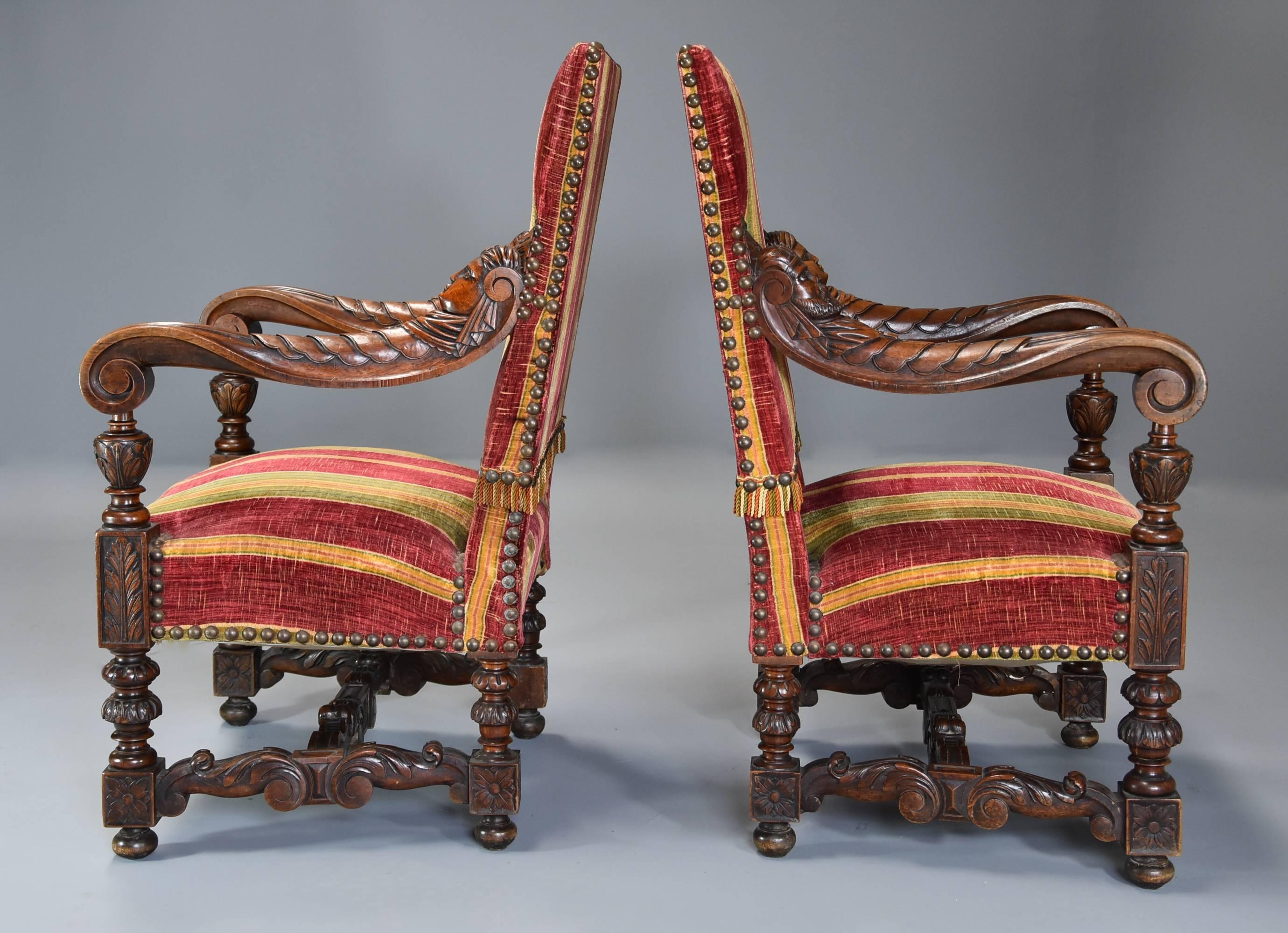 Fine Pair of 19th Century French Walnut Open Armchairs in the Baroque Style For Sale 1