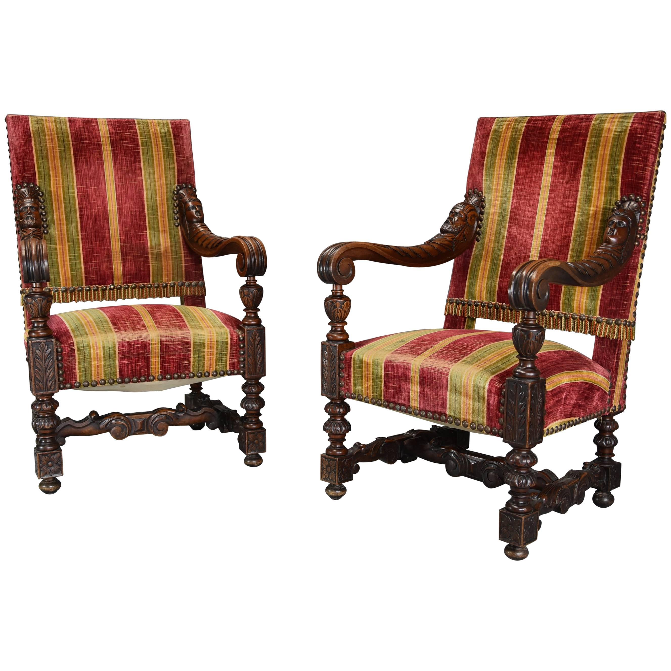 Fine Pair of 19th Century French Walnut Open Armchairs in the Baroque Style For Sale