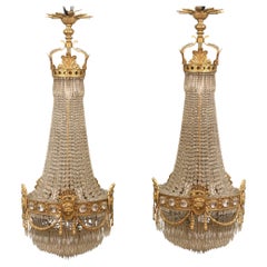 Fine Pair of 19th Century Gilt Bronze and Beaded Six Light “Apollo” Chandeliers