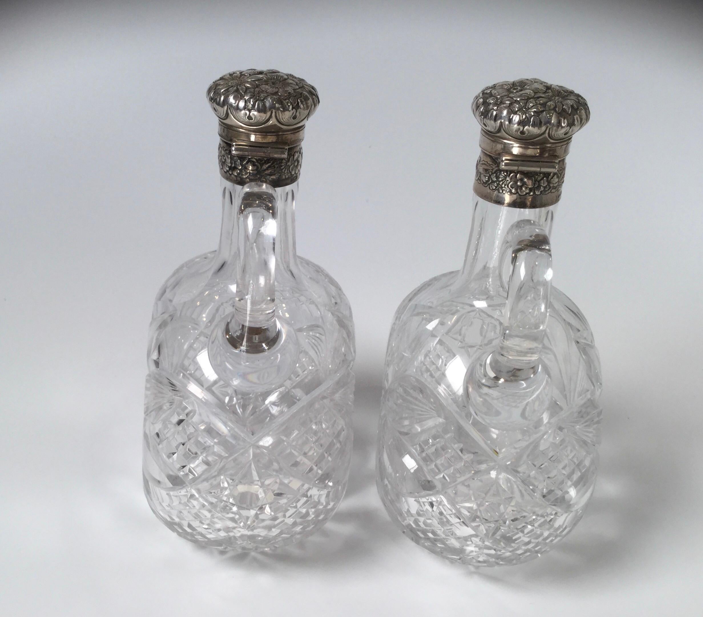 Fine Pair of 19th Century Gorham Sterling and Cut Glass Decanters In Excellent Condition In Lambertville, NJ
