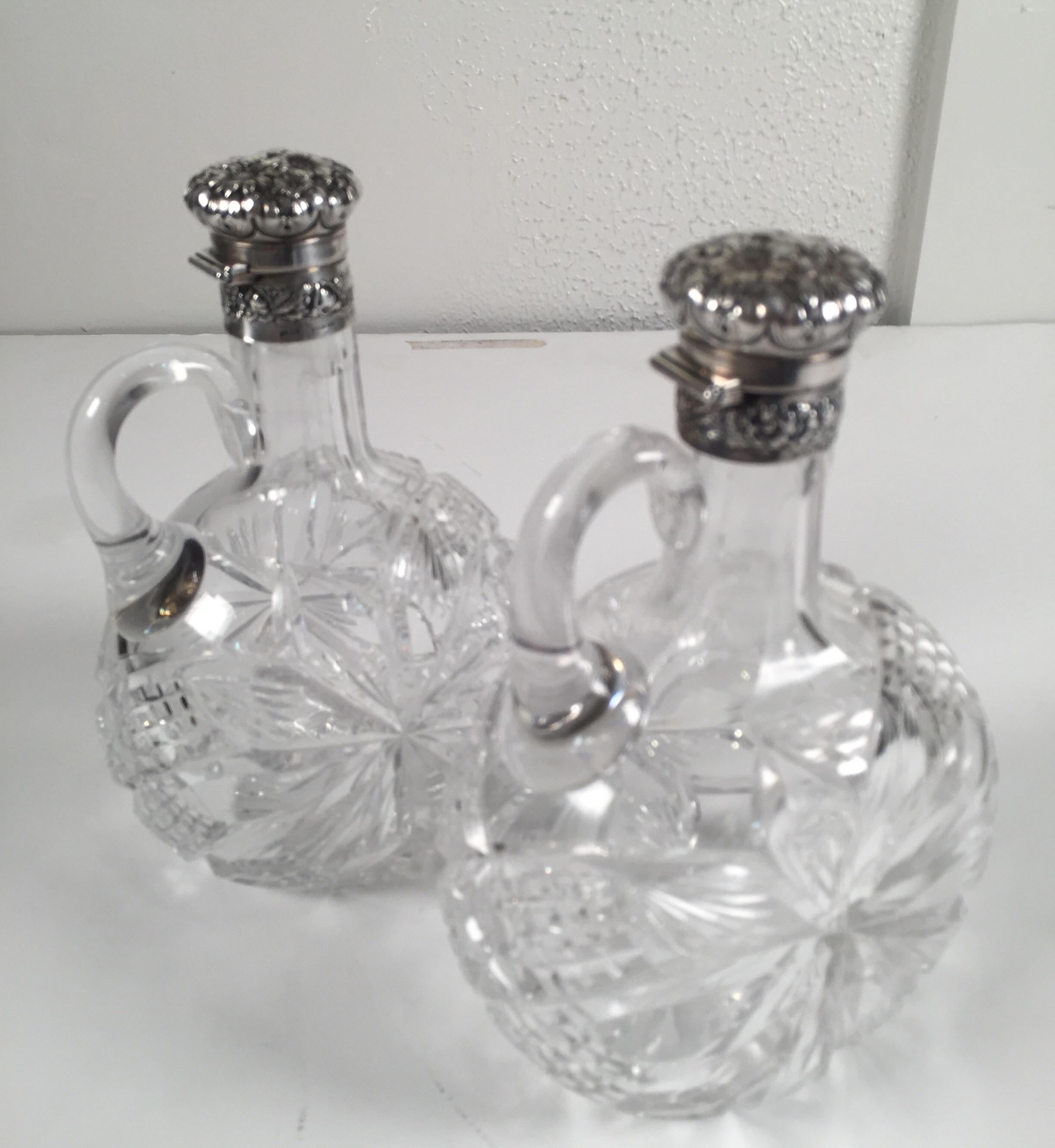 American Fine Pair of 19th Century Gorham Sterling and Cut Glass Decanters