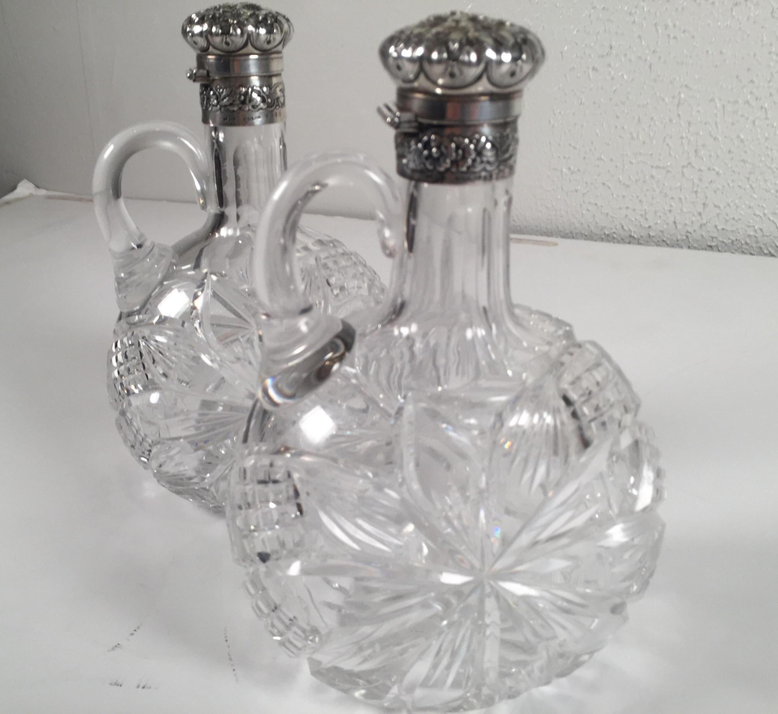 Sterling Silver Fine Pair of 19th Century Gorham Sterling and Cut Glass Decanters