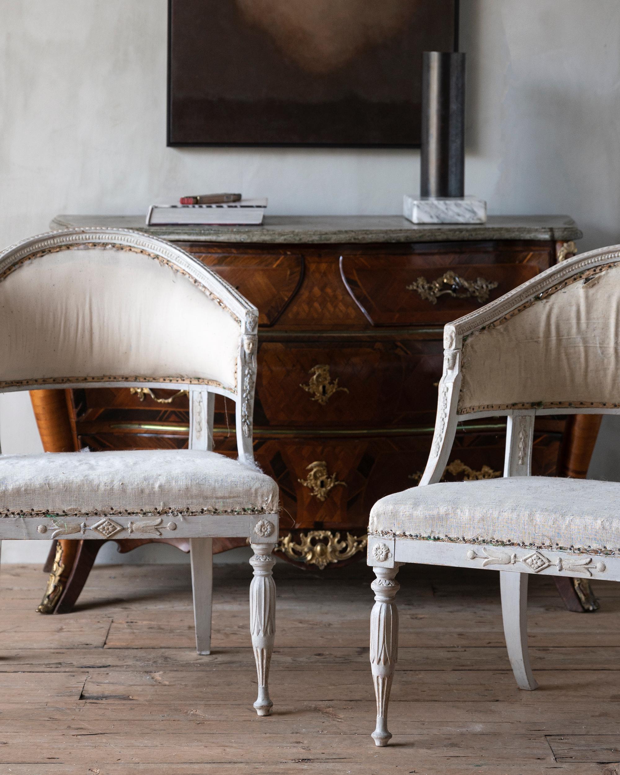 Fine pair of early 19th century Gustavian barrel back armchairs in Egyptian taste. Ca 1810 Stockholm, Sweden. 

Attributed to Ephraim Stahl (1767-1820) Supplier to the Royal Court and one of the most sophisticated and inventive makers of his period. 