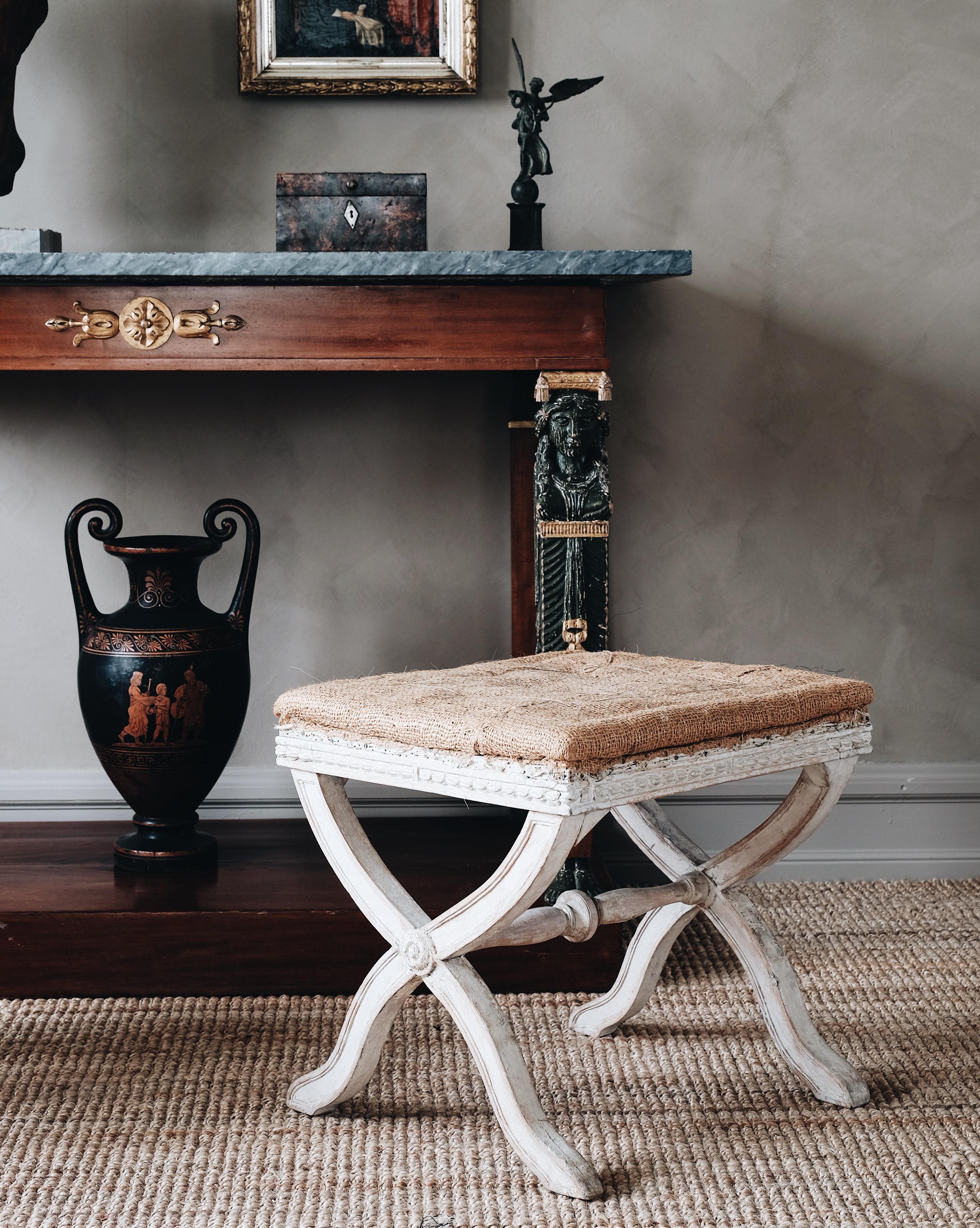 Hand-Carved Fine Pair of 19th Century Gustavian X Frame Stools