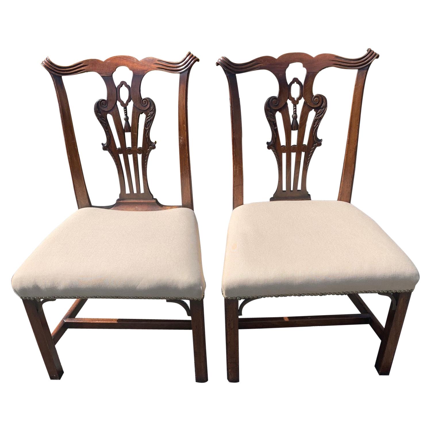 Fine Pair of 19th Century Irish Georgian Side Chairs with Center Carved Tassels