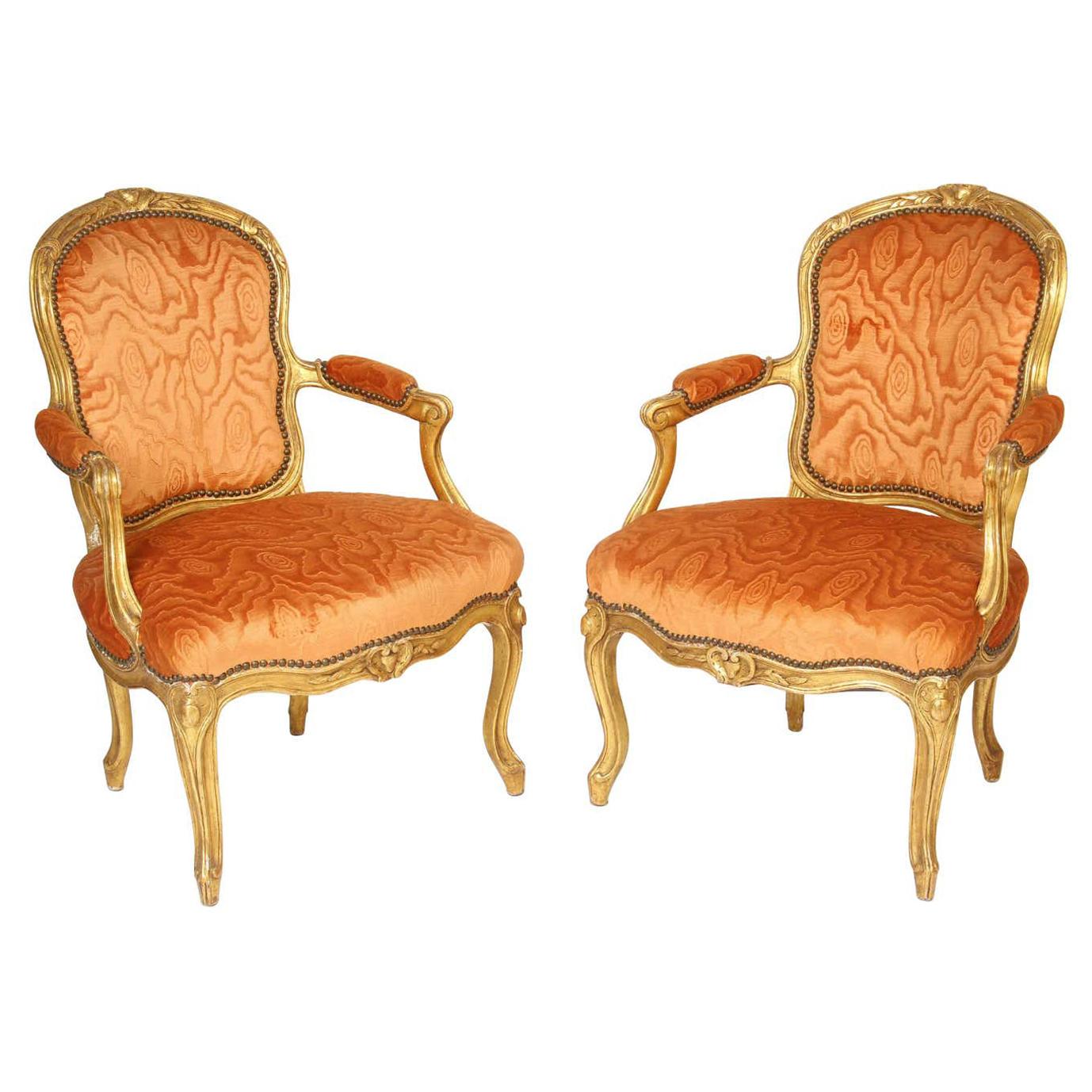 Fine Pair of 19th Century Louis XV Style Giltwood Armchairs