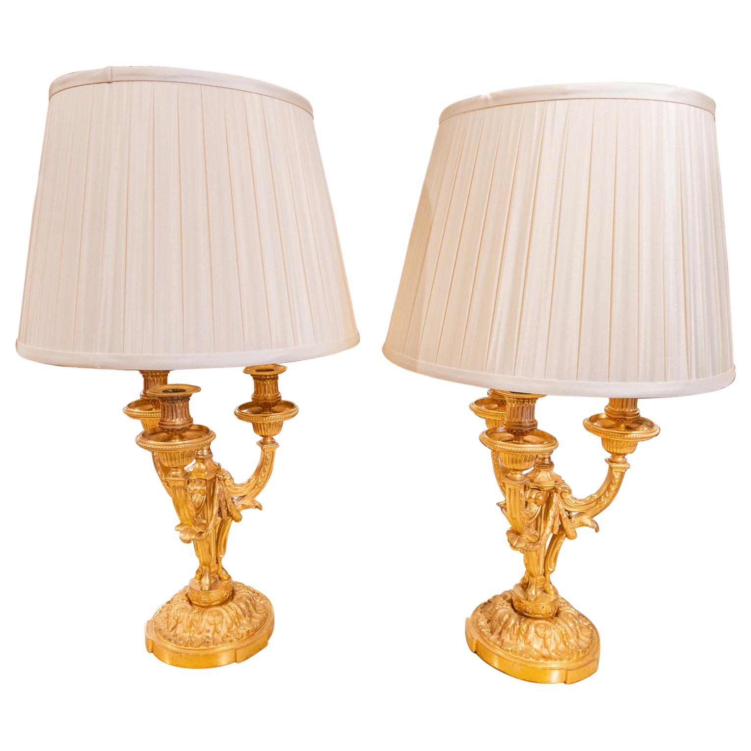 Fine Pair of 19th Century Louis XVI Gilt Bronze Candelabras Lamps
