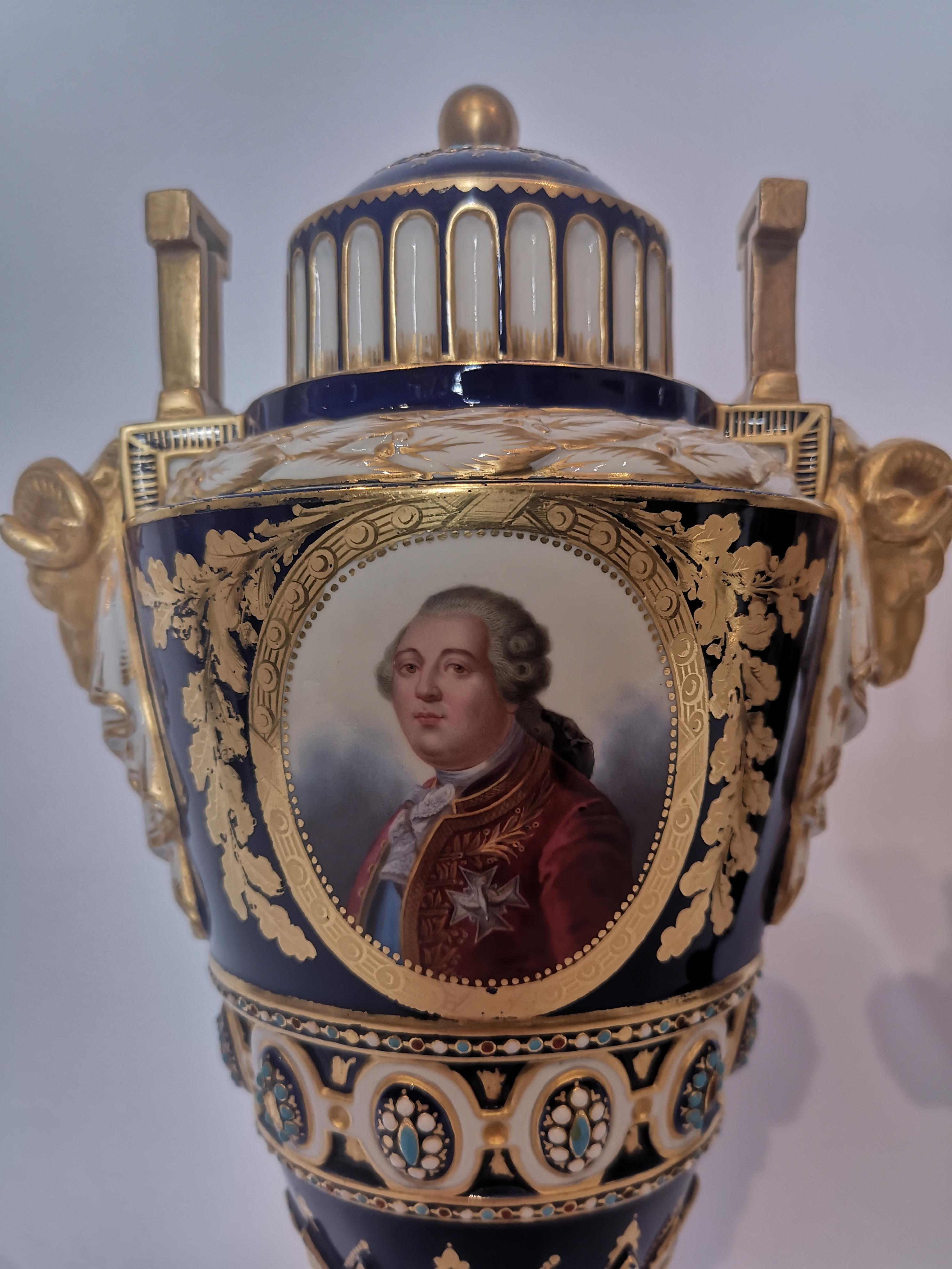 Pair of fine late 19th century French Sevres porcelain vases. Blue and white porcelain with gilded highlights, gilded rams head handles, turquoise, white and red jewels. The fronts with portraits of Marie Antoinette and Louis XVI and floral