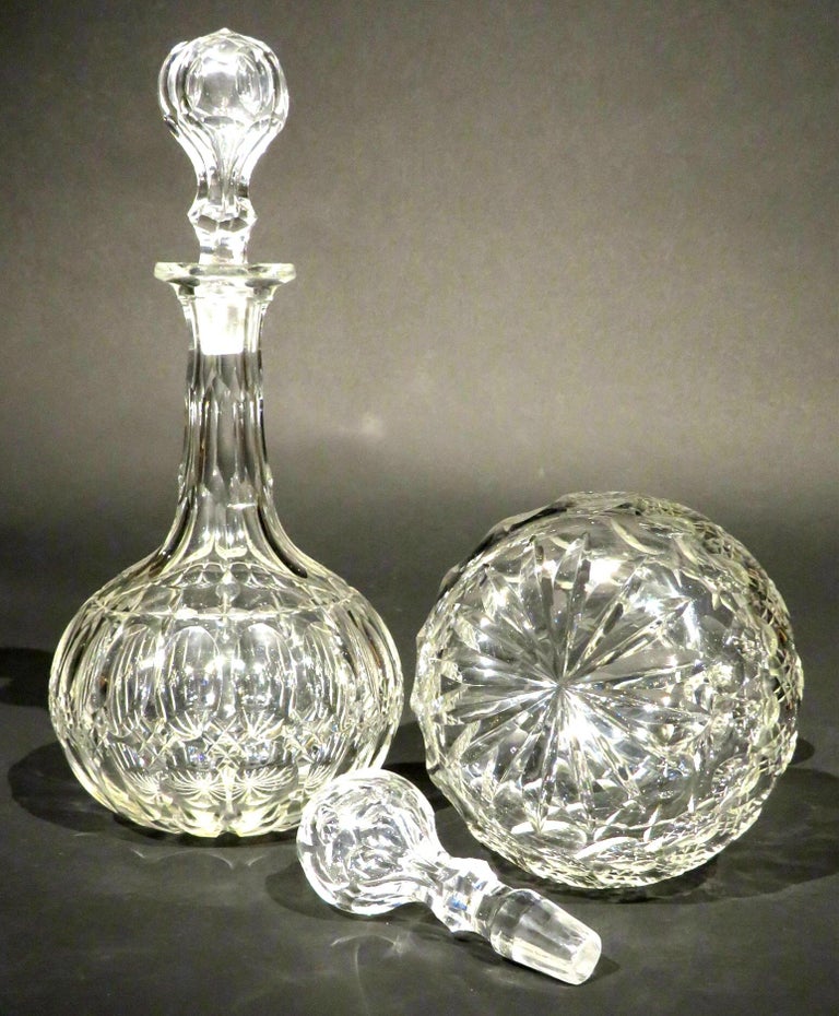 Fine Pair of 19th Century Shaft and Globe Cut Glass Decanters, England