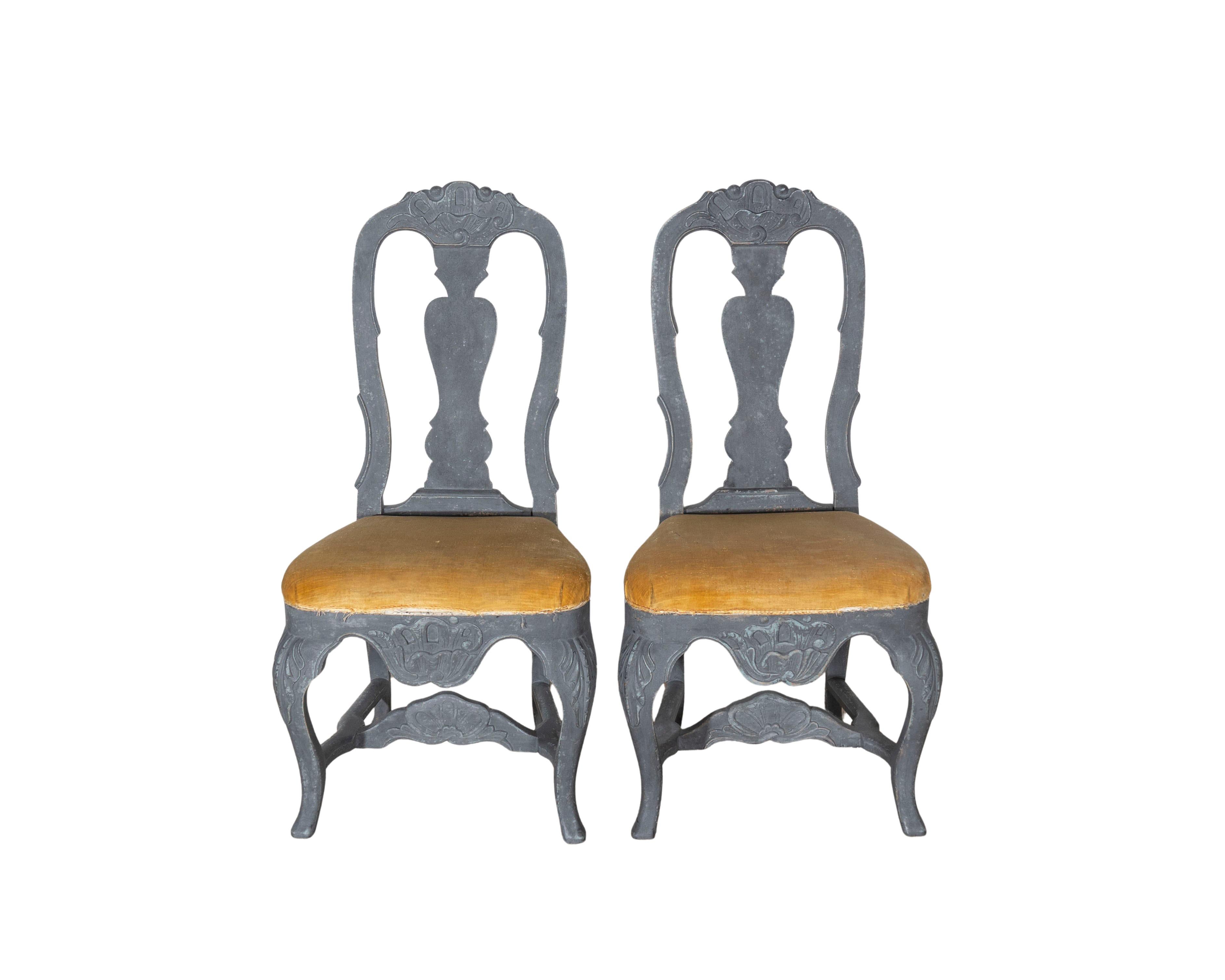 Fine Pair of 19th Century Swedish Rococo Chairs in Black Paint