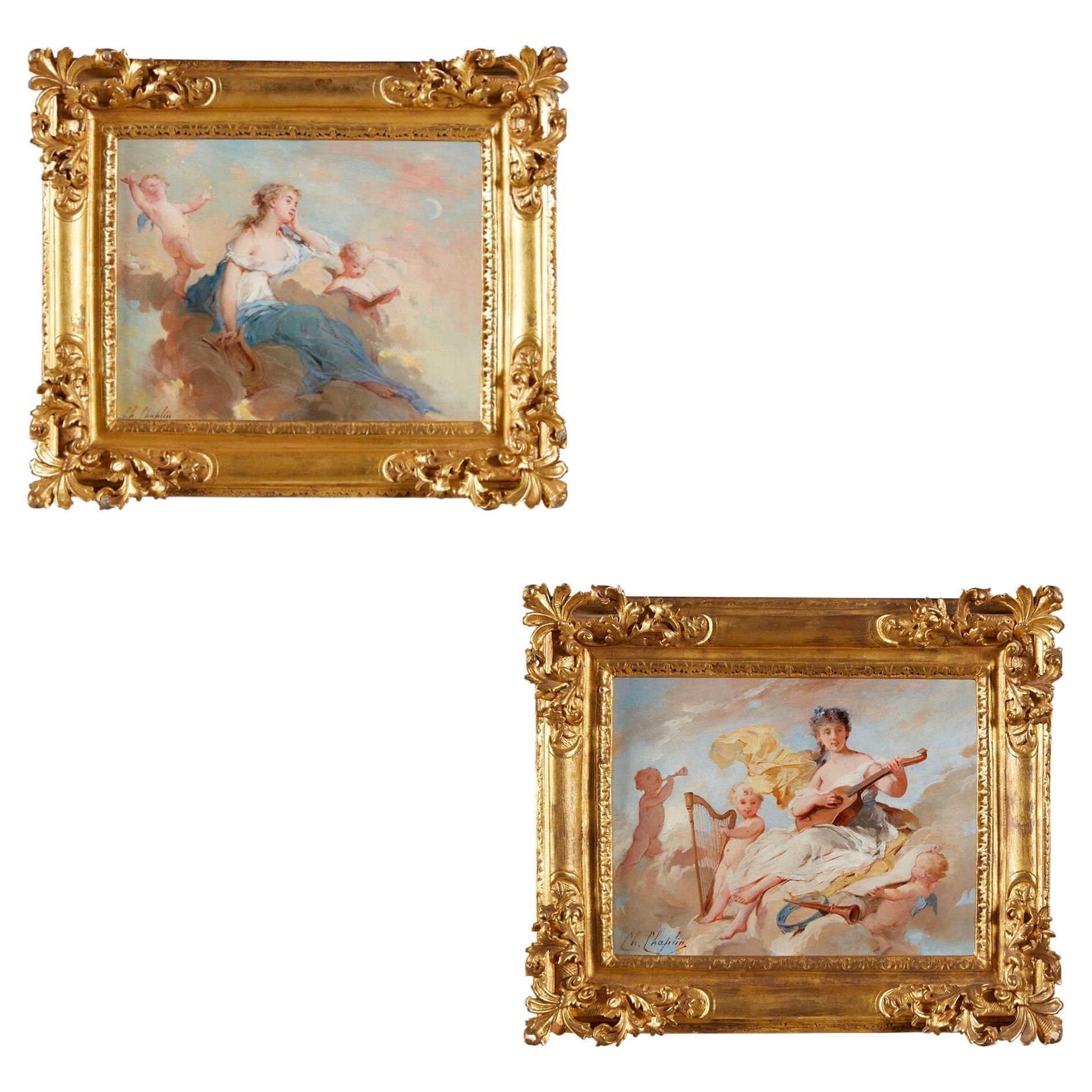 Fine Pair of Allegorical Paintings of Poetry and Music by Charles Chaplin For Sale