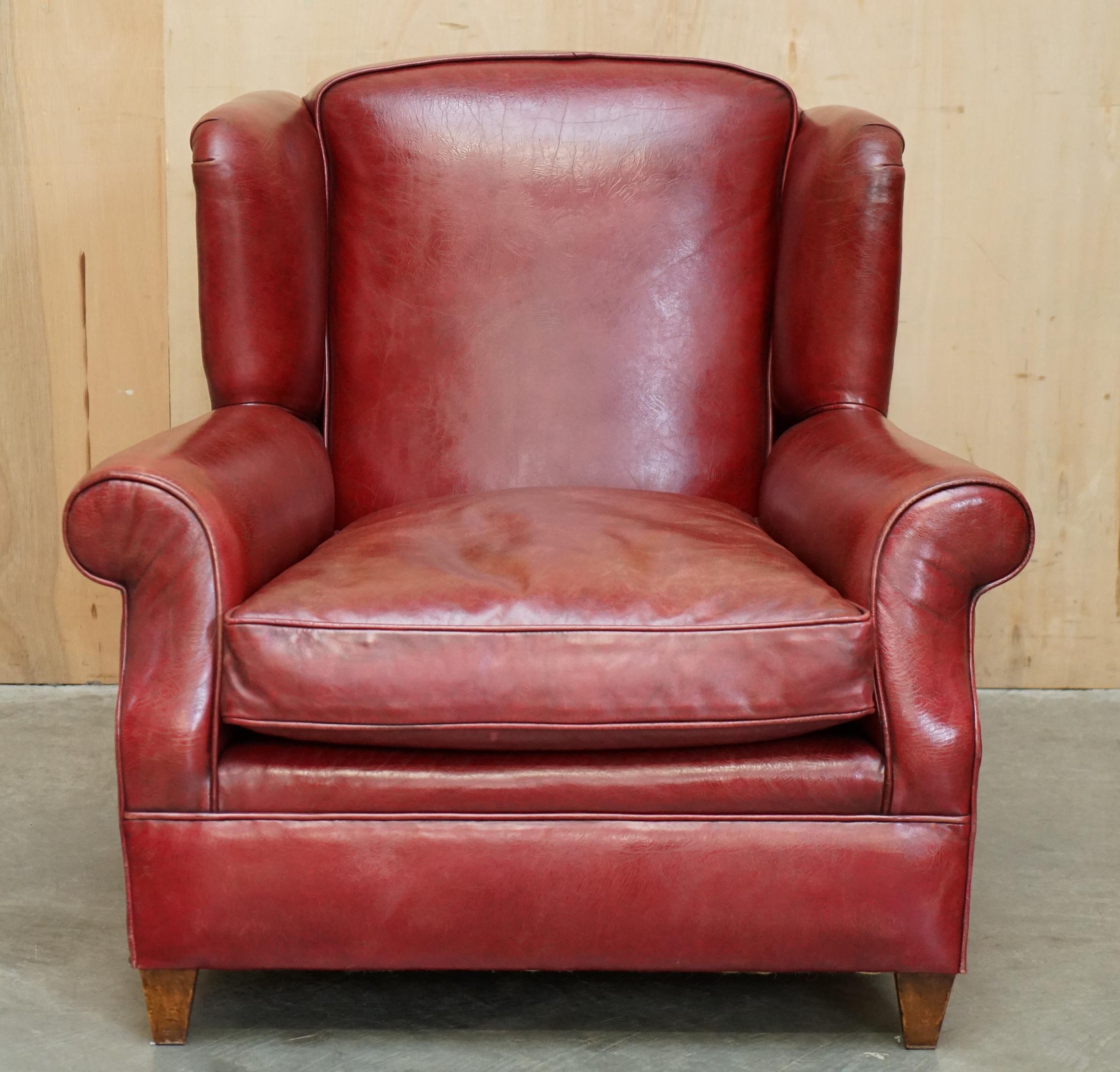 FINE PAIR OF ANTIQUE ART DECO 1920's BORDEAUX LEATHER DEEP WING CLUB ARMCHAIRS For Sale 7