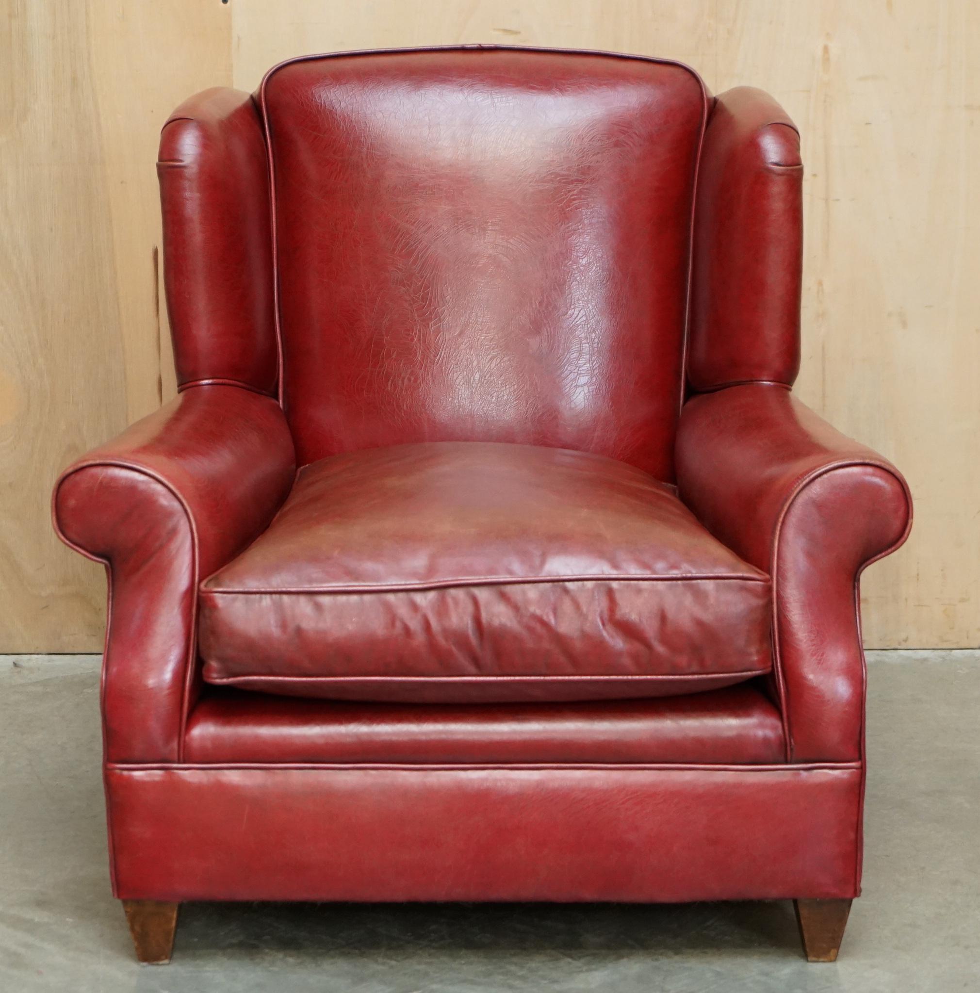 Art Deco FINE PAIR OF ANTIQUE ART DECO 1920's BORDEAUX LEATHER DEEP WING CLUB ARMCHAIRS For Sale