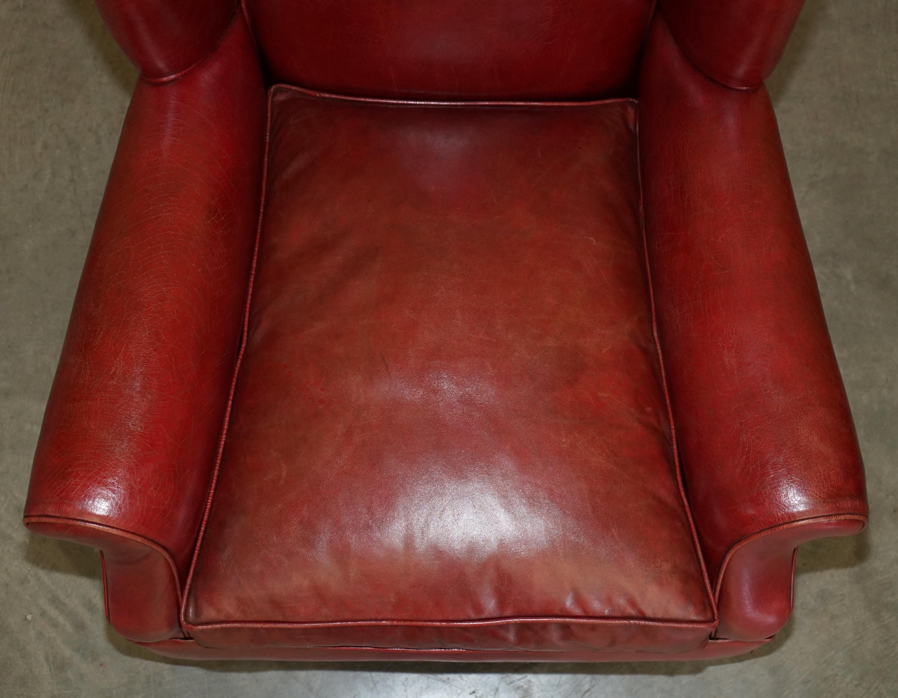 Hand-Crafted FINE PAIR OF ANTIQUE ART DECO 1920's BORDEAUX LEATHER DEEP WING CLUB ARMCHAIRS For Sale