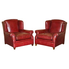 FINE PAIR OF ANTIQUE ART DECO 1920's BORDEAUX LEATHER DEEP WING CLUB ARMCHAIRS