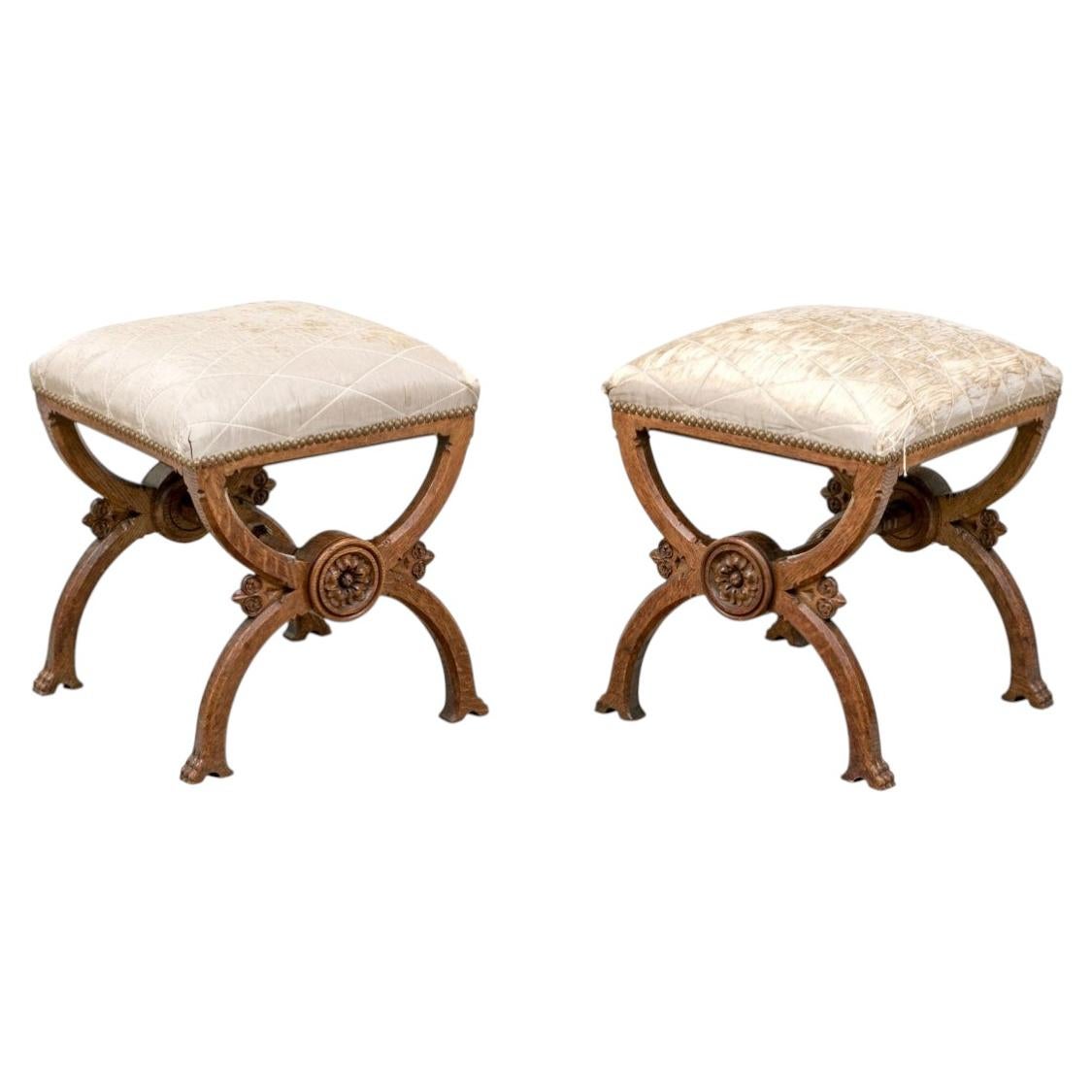 Fine Pair Of Antique Carved Oak Frame X Base Curule Foot Stools