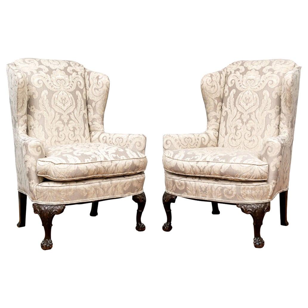 Fine Pair of Antique Carved Wing Chairs