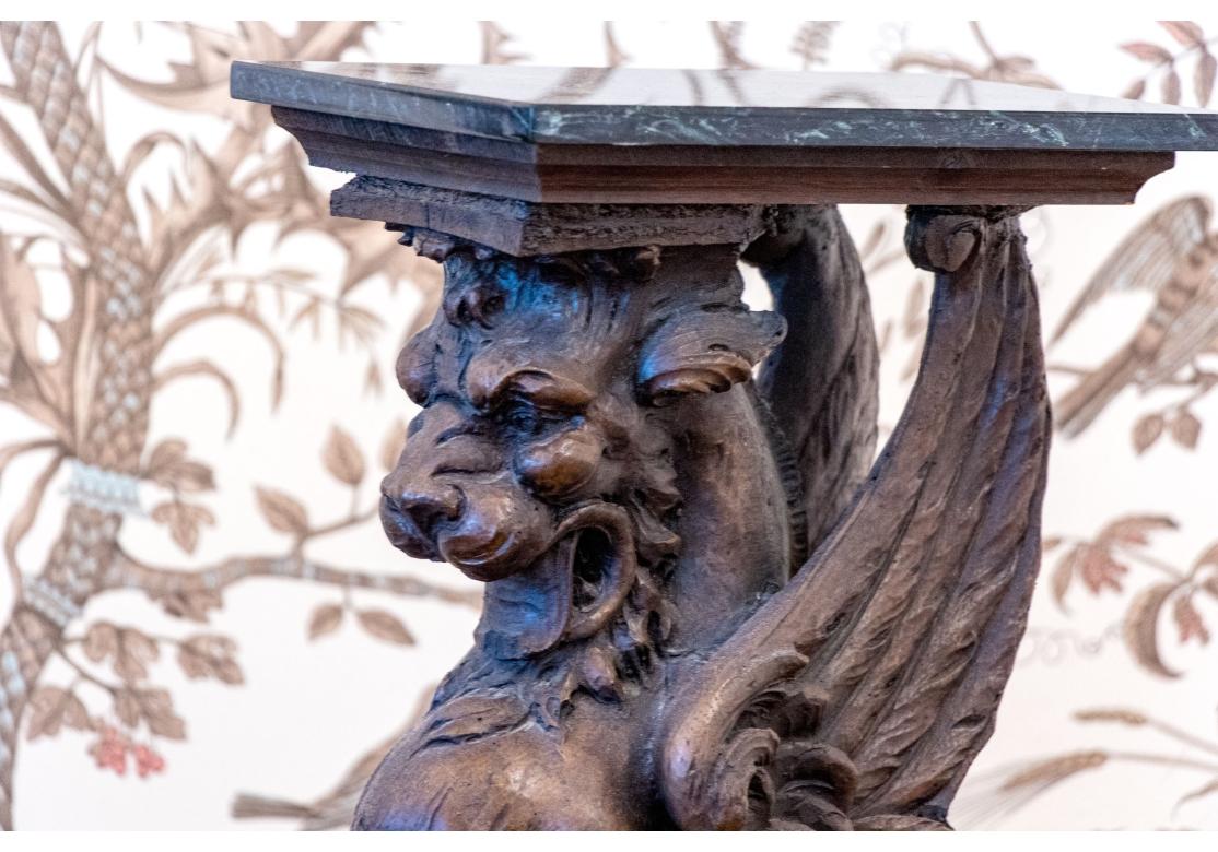 Fine Pair Of Antique Carved Wood Griffin Form Marble Top Side Tables For Sale 5