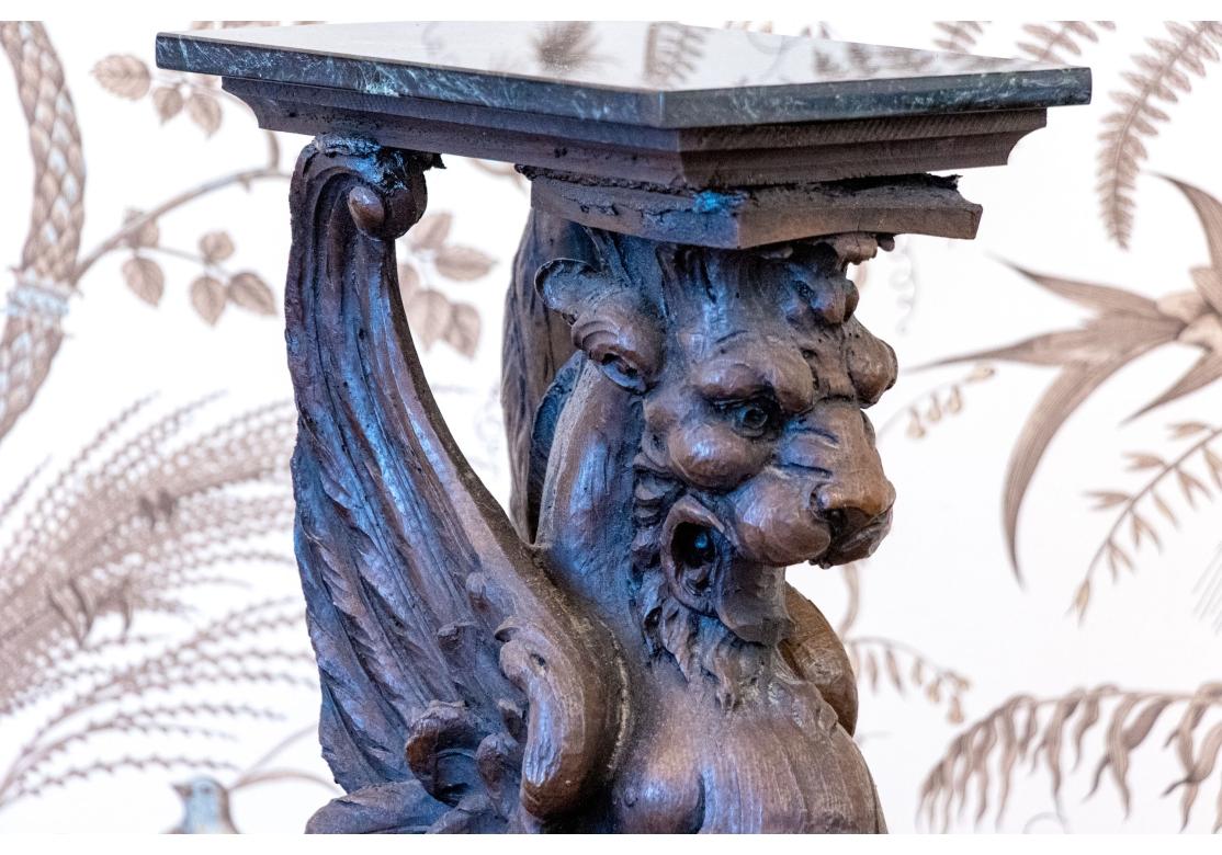 Fine Pair Of Antique Carved Wood Griffin Form Marble Top Side Tables For Sale 6