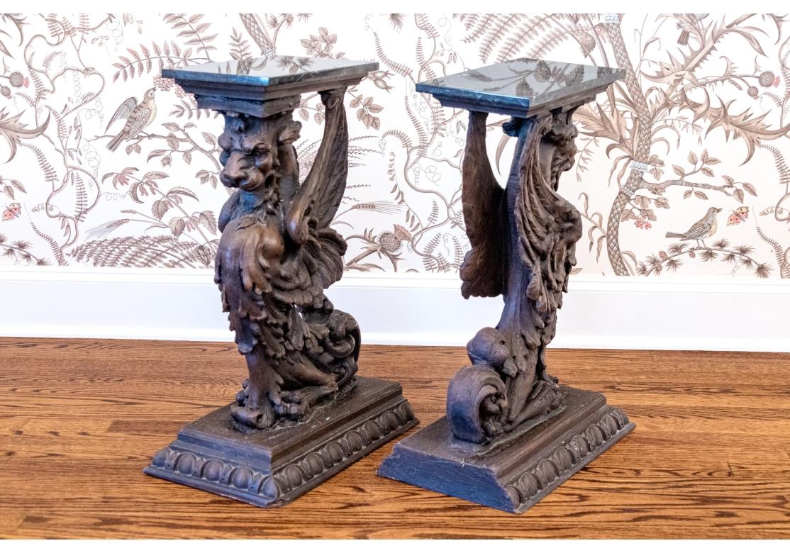 Fine Pair Of Antique Carved Wood Griffin Form Marble Top Side Tables For Sale 9